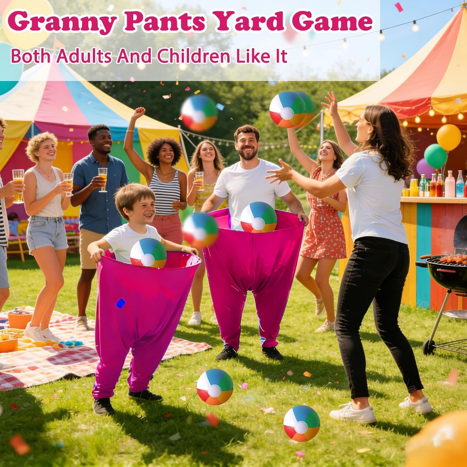 Granny Pants Yard Game Set Giant Outdoor Party Activity for Kids and Adults, Big Pants Ball Catching Set with 4 Balloons and Pump, Funny Lawn Activity, Ring Toss Games (Deep Pink) - Image 2
