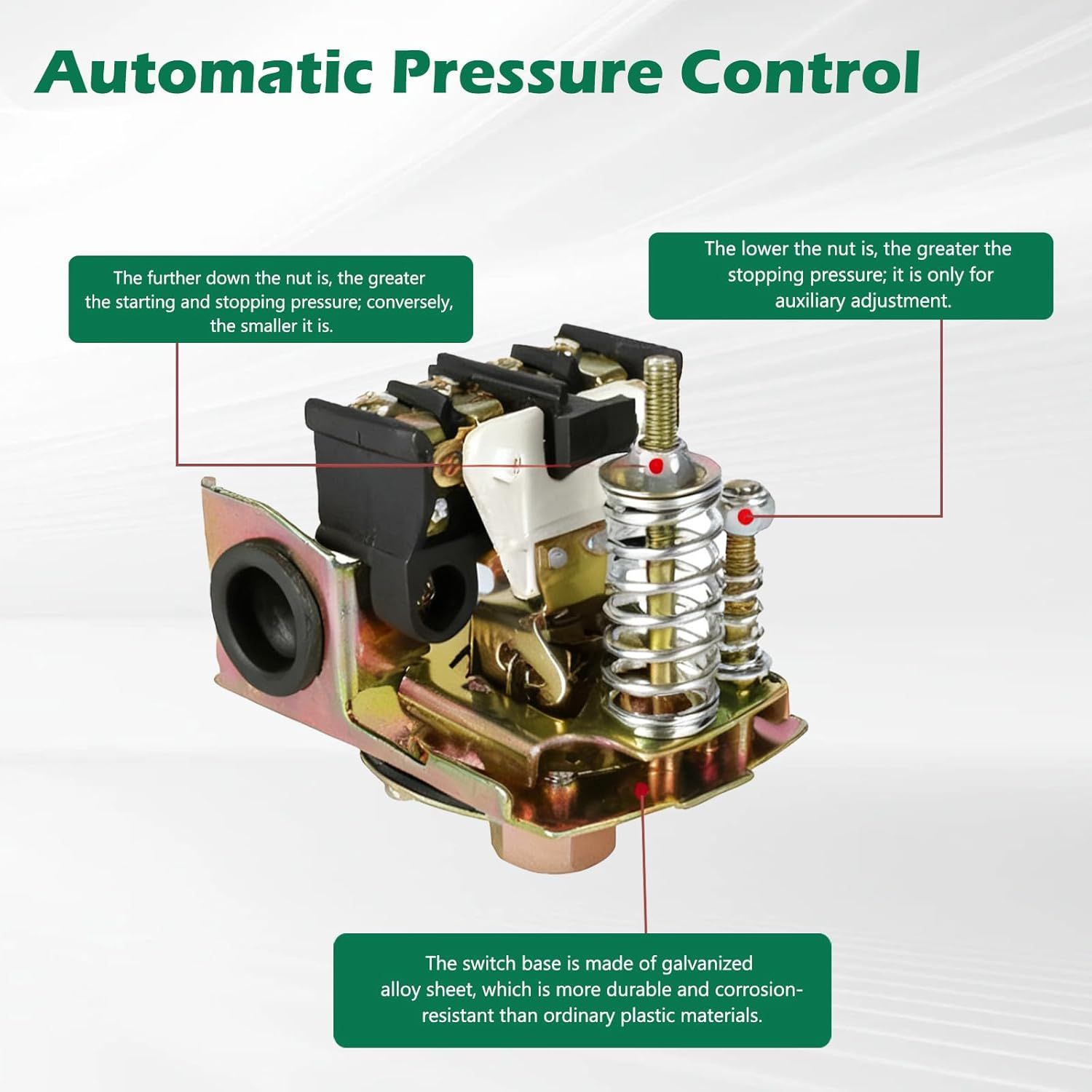 Automatic Water Pump Pressure Switch 40–60 PSI, Adjustable Differential, 1/4