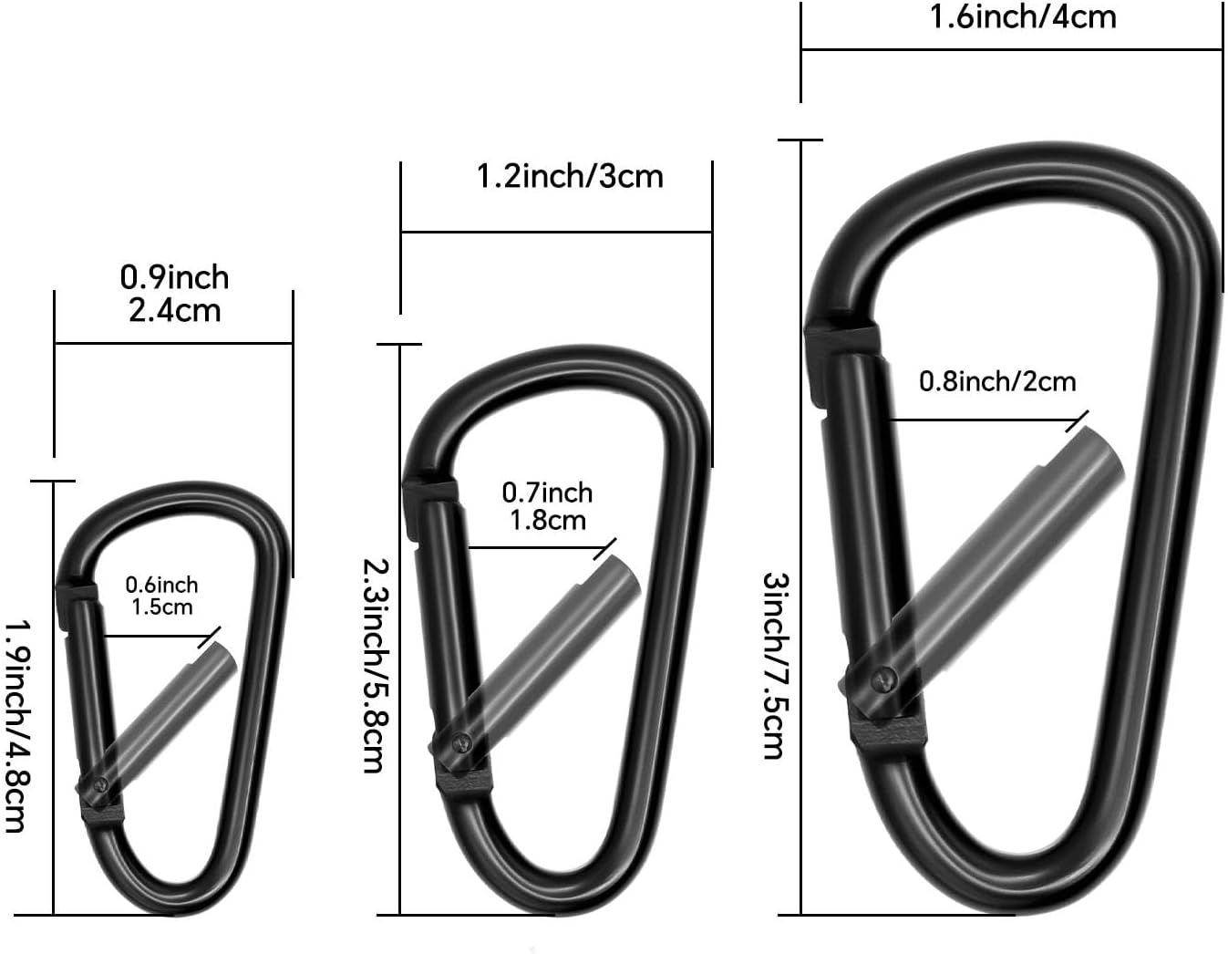 Black Carabiner Clip, Includes Mini 2 Inch Carbineers, Small 2.3