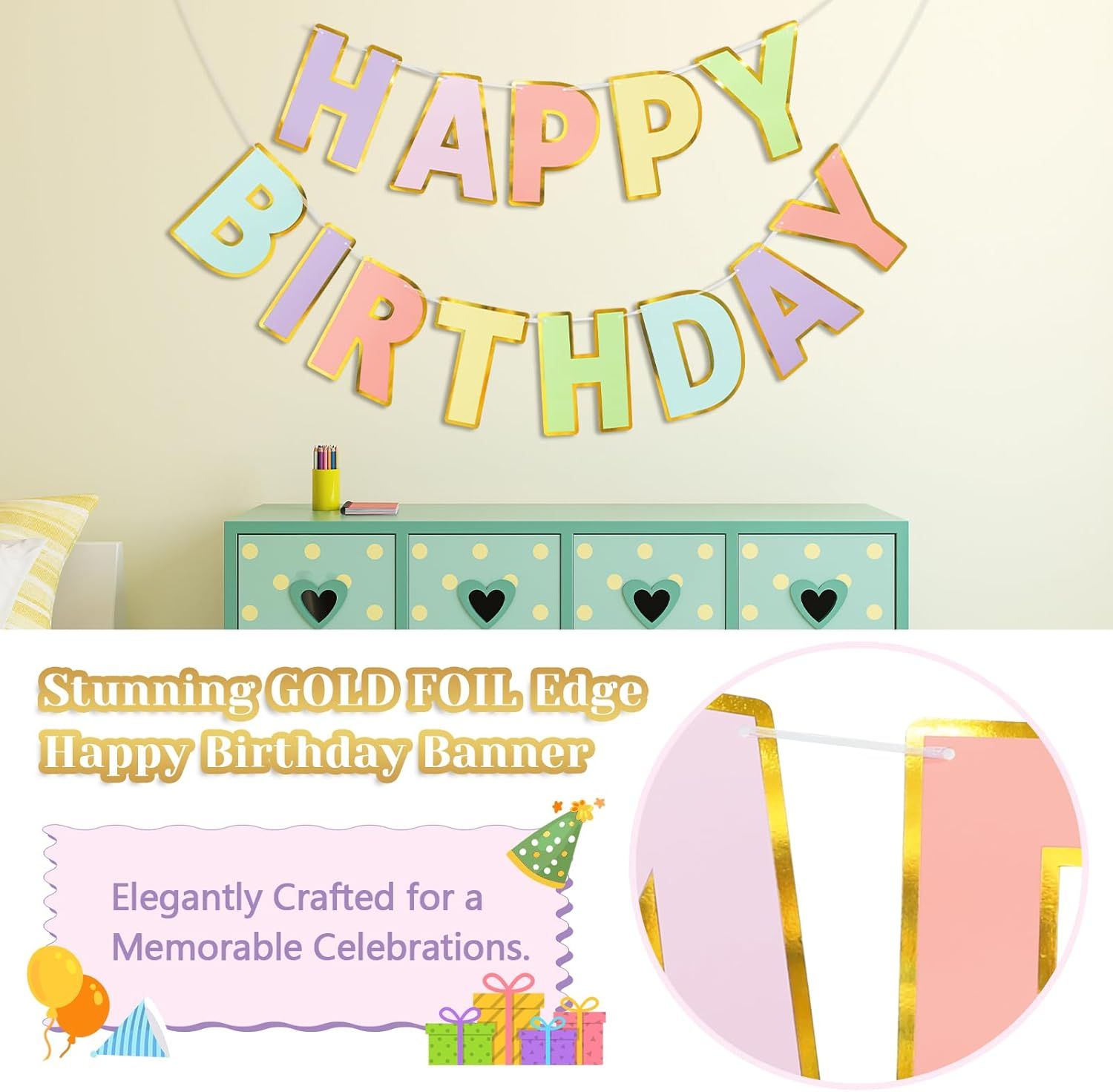 Happy Birthday Banner - 9ft Pre-Strung Happy Birthday Sign for Women, Men, Girls, Boys - No DIY Birthday Decorations & Party Supplies(Macaron) - Image 4