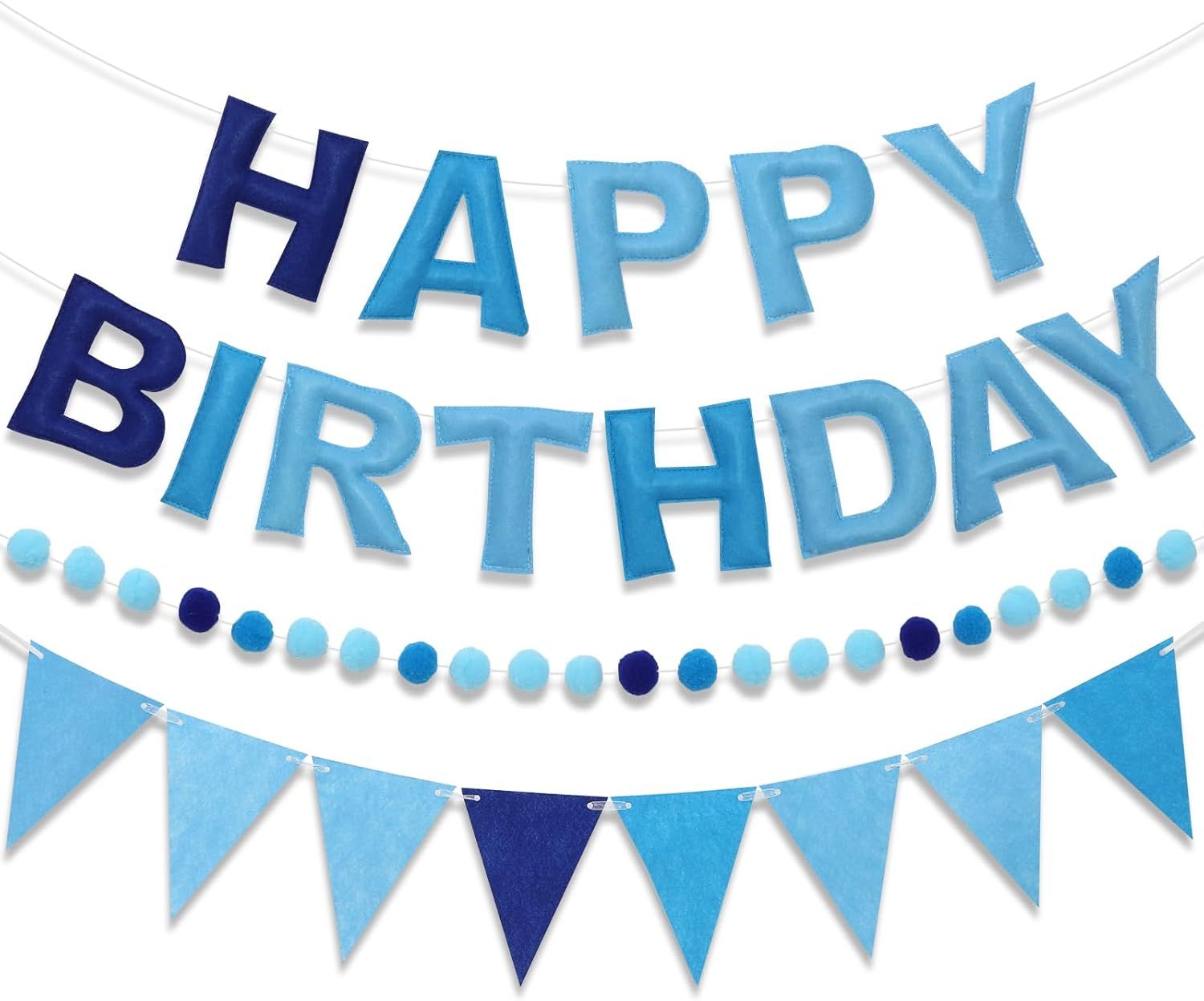 Pre-Strung Happy Birthday Banner & Felt Garland Set - Ombre Blue Birthday Decorations for Women Men Boys Girls | Reusable Party Supplies for Indoor & Outdoor - Image 2