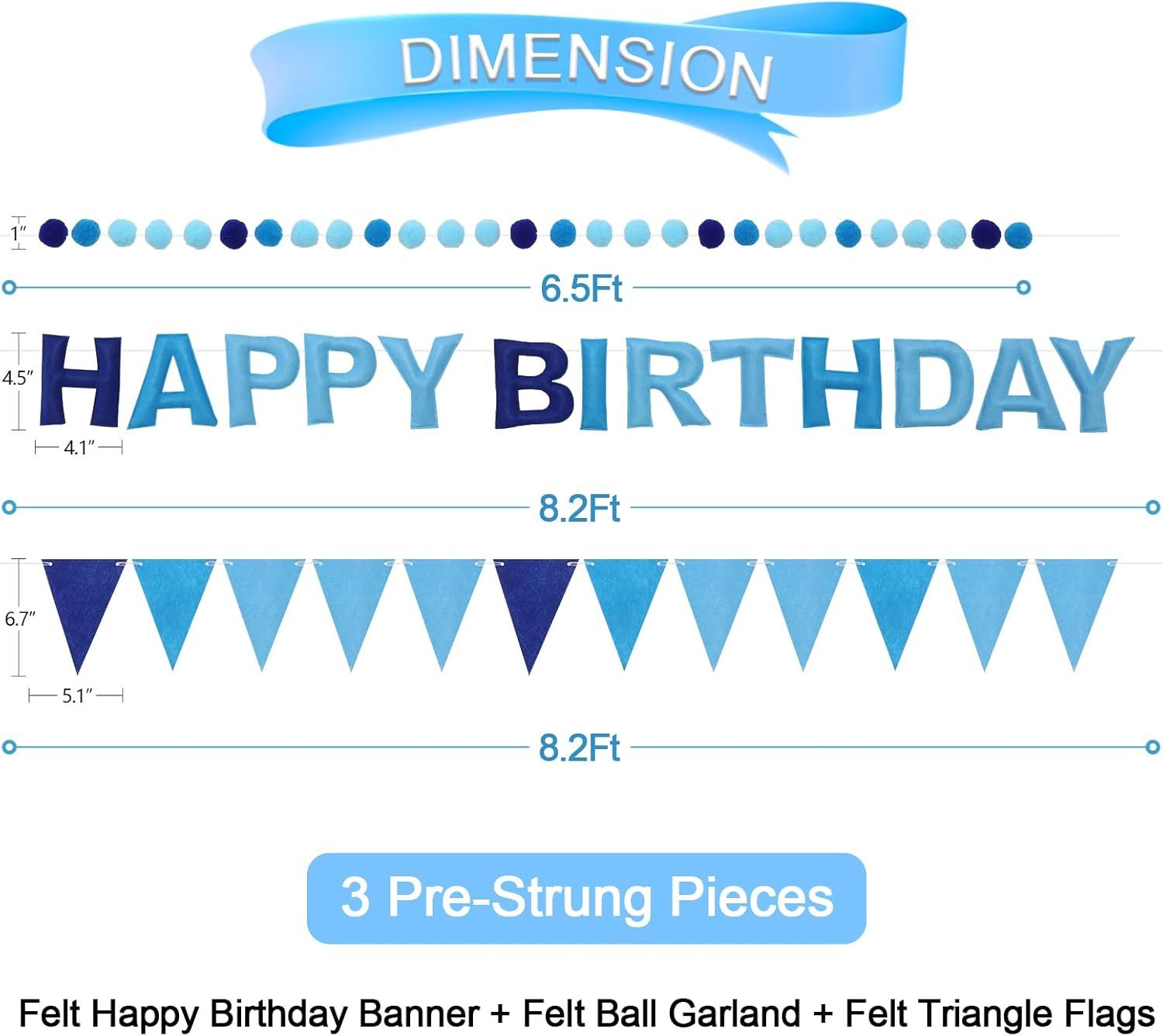 Pre-Strung Happy Birthday Banner & Felt Garland Set - Ombre Blue Birthday Decorations for Women Men Boys Girls | Reusable Party Supplies for Indoor & Outdoor - Image 3