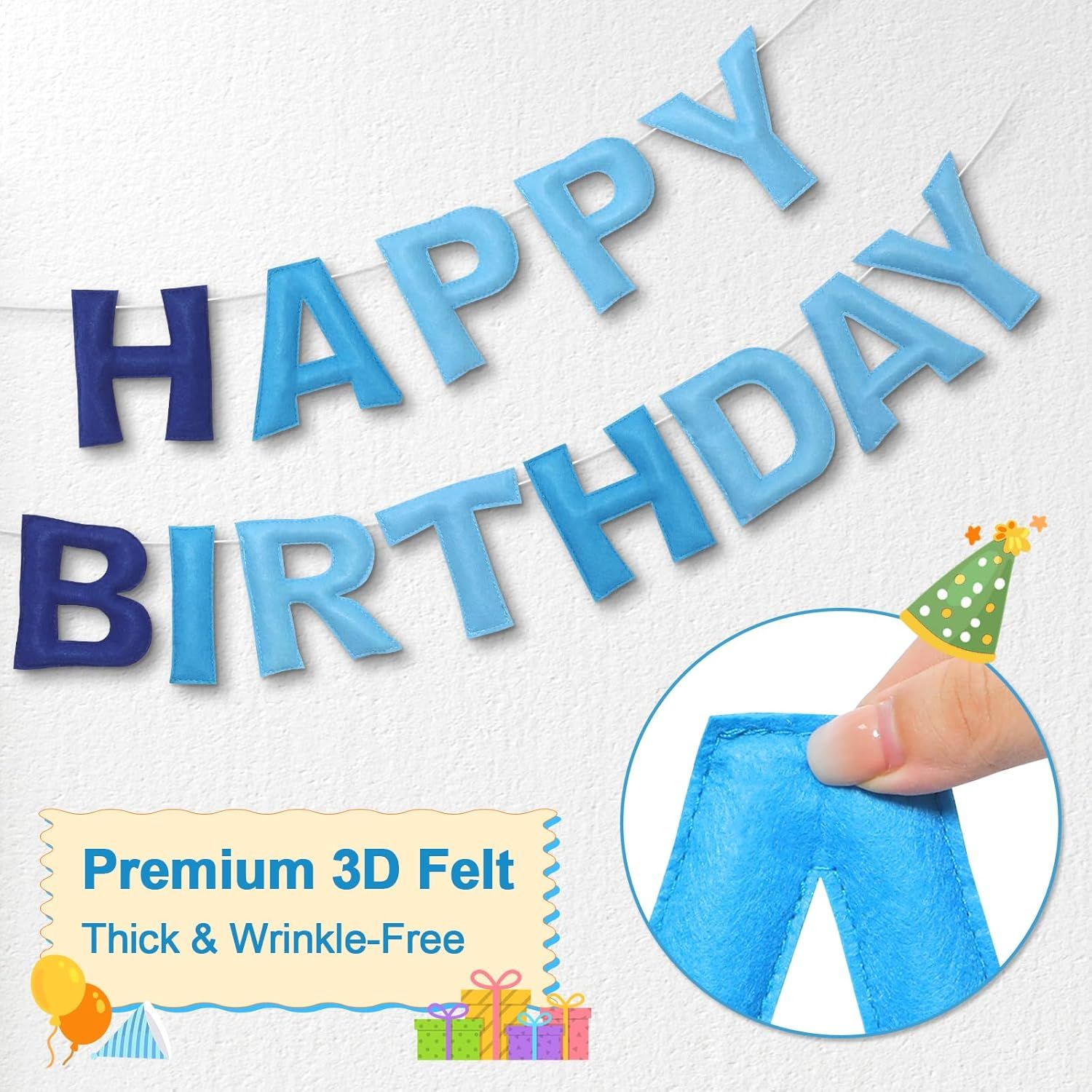 Pre-Strung Happy Birthday Banner & Felt Garland Set - Ombre Blue Birthday Decorations for Women Men Boys Girls | Reusable Party Supplies for Indoor & Outdoor - Image 4