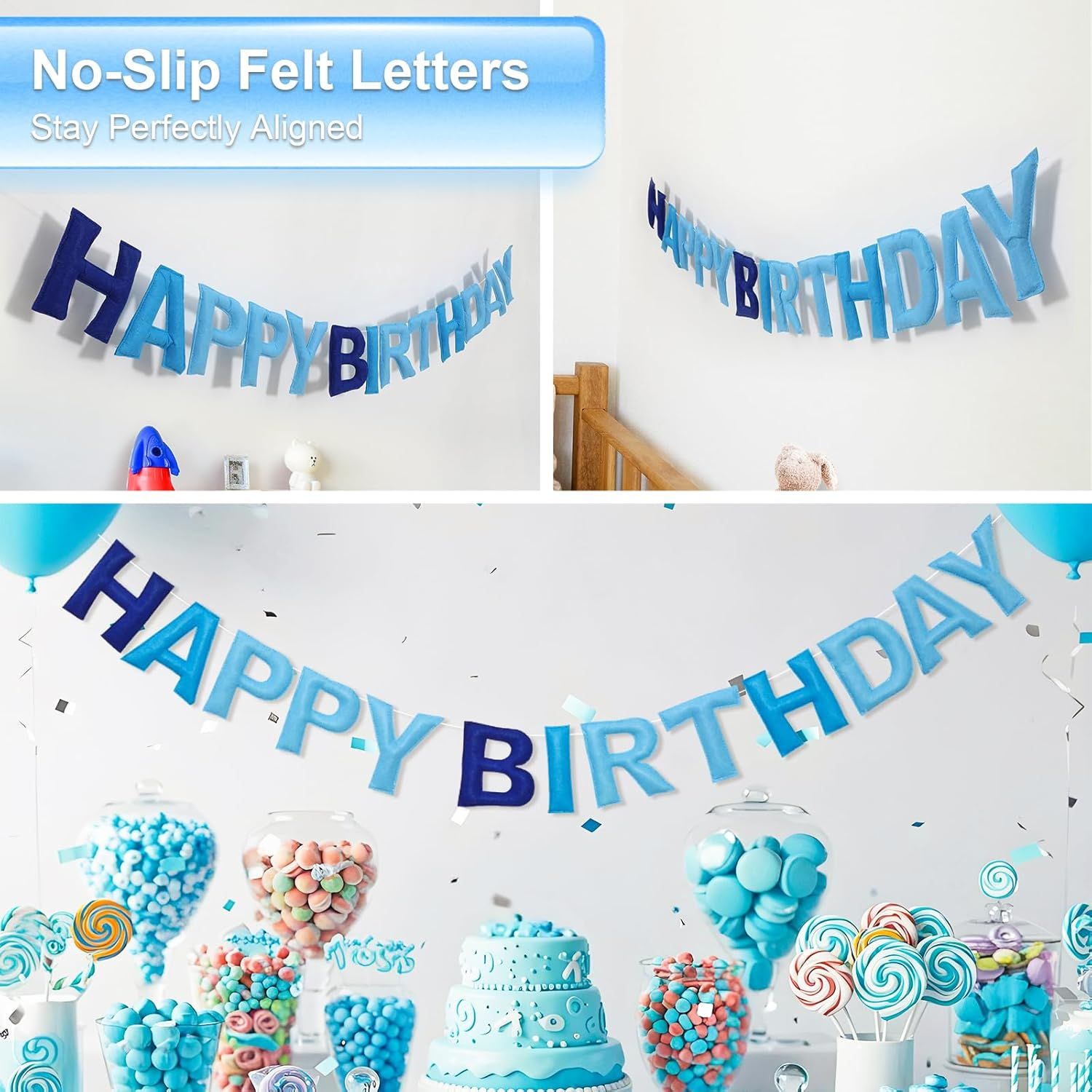 Pre-Strung Happy Birthday Banner & Felt Garland Set - Ombre Blue Birthday Decorations for Women Men Boys Girls | Reusable Party Supplies for Indoor & Outdoor - Image 5