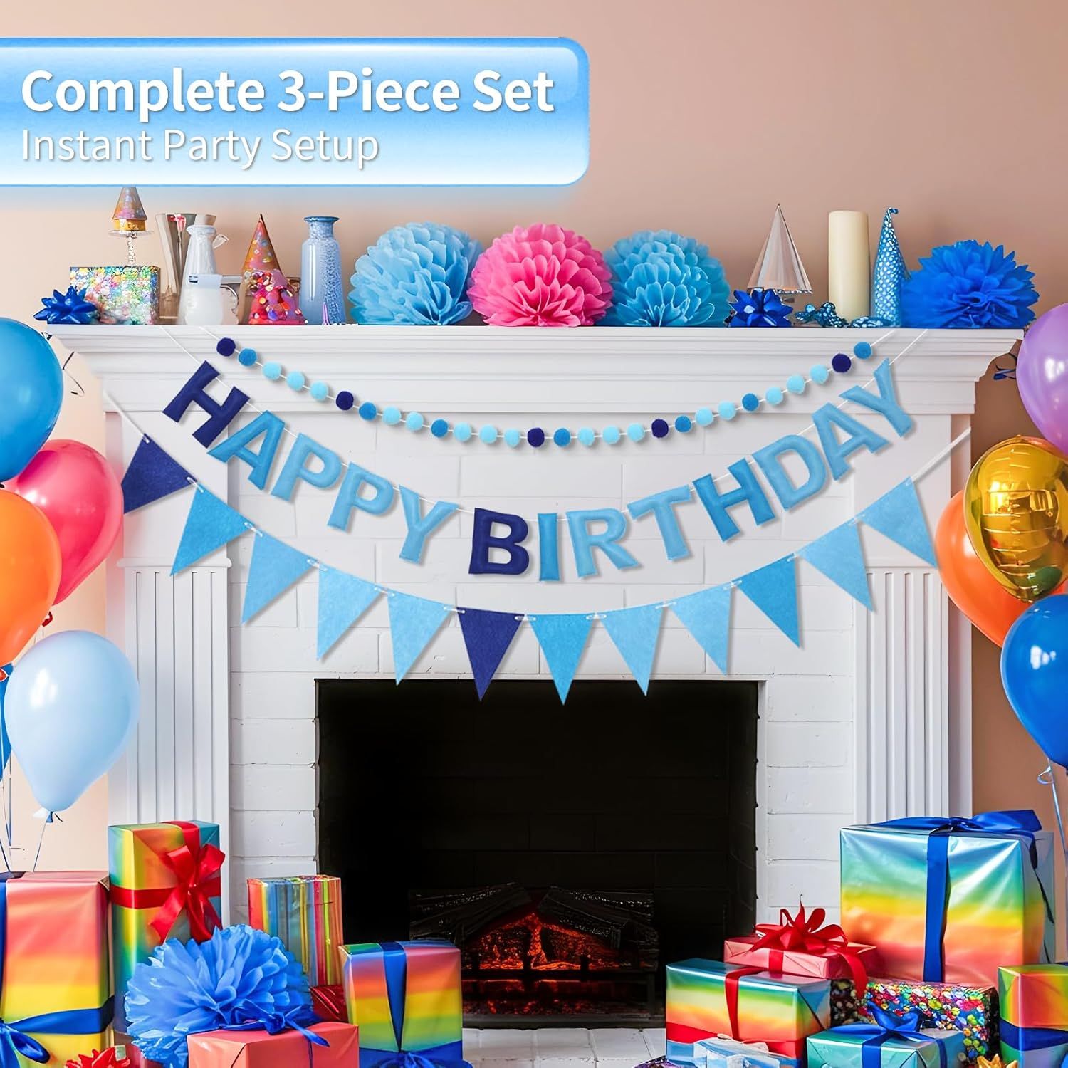 Pre-Strung Happy Birthday Banner & Felt Garland Set - Ombre Blue Birthday Decorations for Women Men Boys Girls | Reusable Party Supplies for Indoor & Outdoor - Image 6