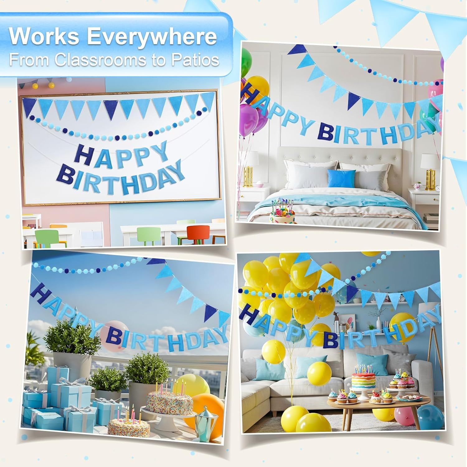 Pre-Strung Happy Birthday Banner & Felt Garland Set - Ombre Blue Birthday Decorations for Women Men Boys Girls | Reusable Party Supplies for Indoor & Outdoor - Image 7