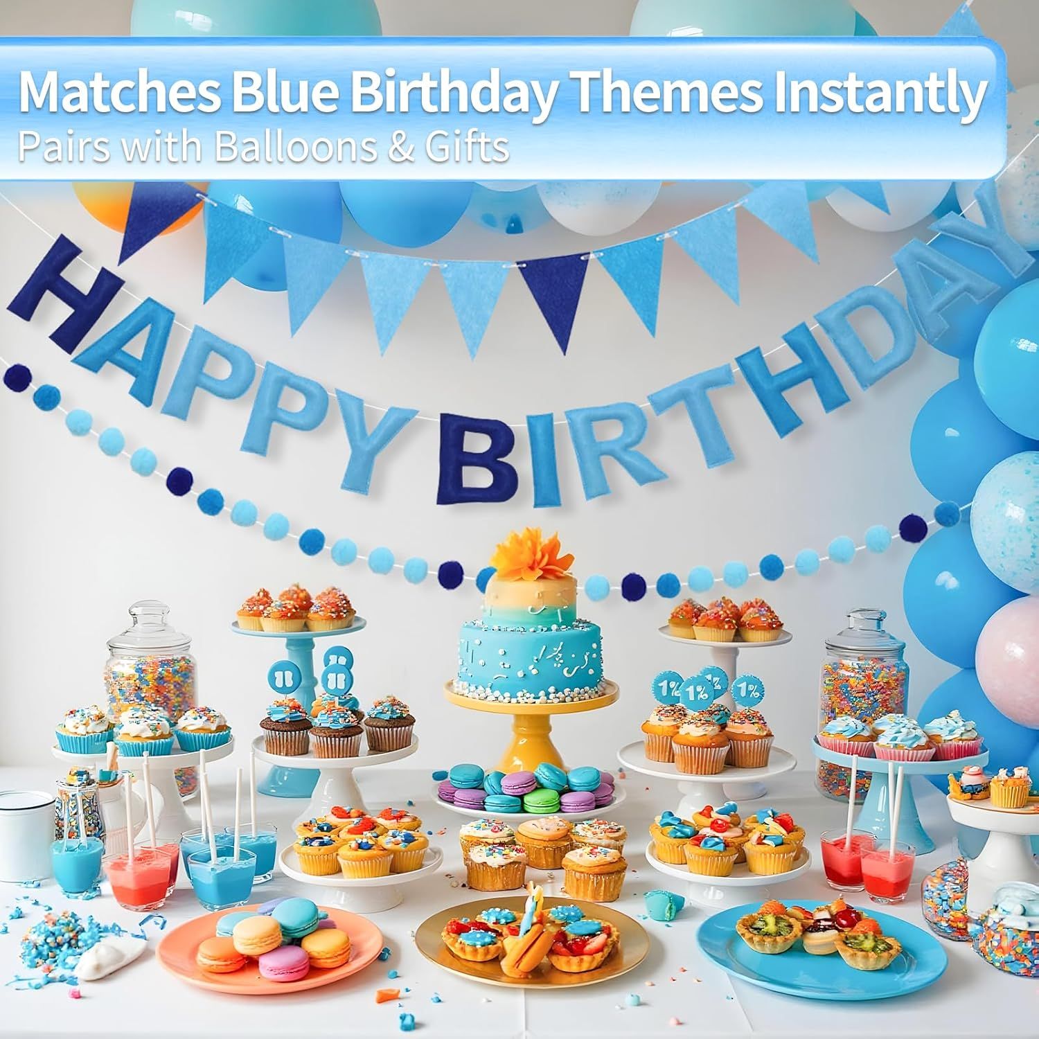 Pre-Strung Happy Birthday Banner & Felt Garland Set - Ombre Blue Birthday Decorations for Women Men Boys Girls | Reusable Party Supplies for Indoor & Outdoor - Image 8