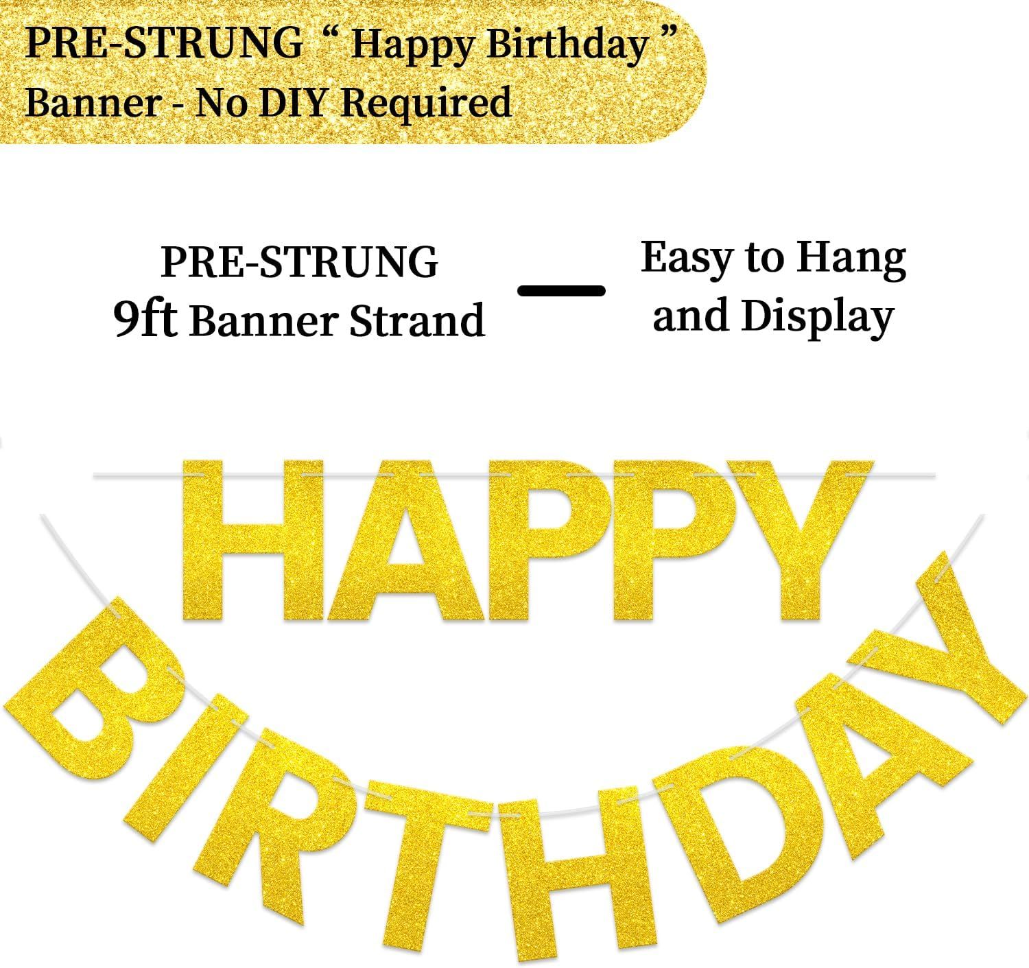 Happy Birthday Banner - 9 ft Pre-Strung Backdrop Sign for Women, Men, Girls, Boys - No DIY Gold Glitter Birthday Decorations & Party Supplies - Image 3