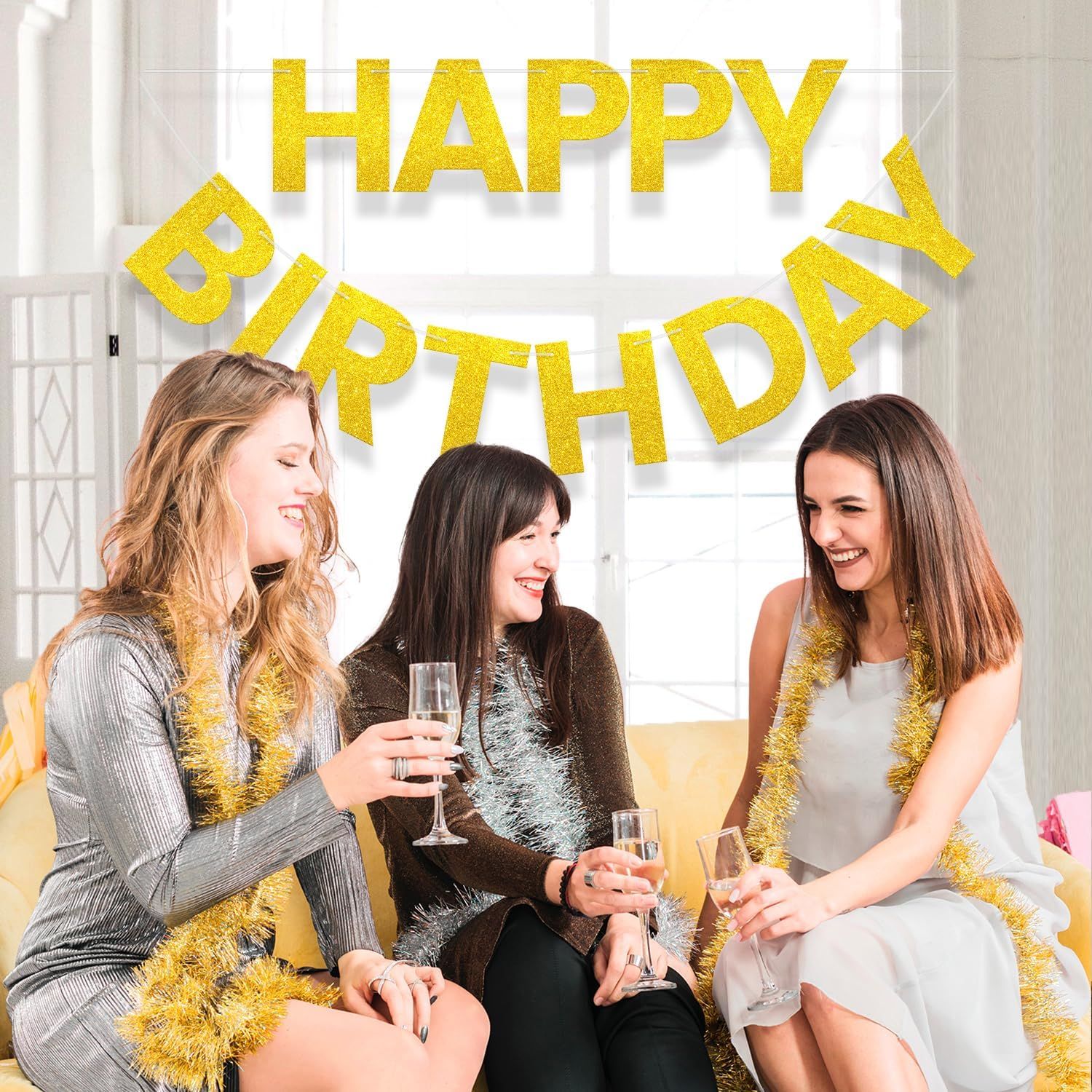 Happy Birthday Banner - 9 ft Pre-Strung Backdrop Sign for Women, Men, Girls, Boys - No DIY Gold Glitter Birthday Decorations & Party Supplies - Image 6