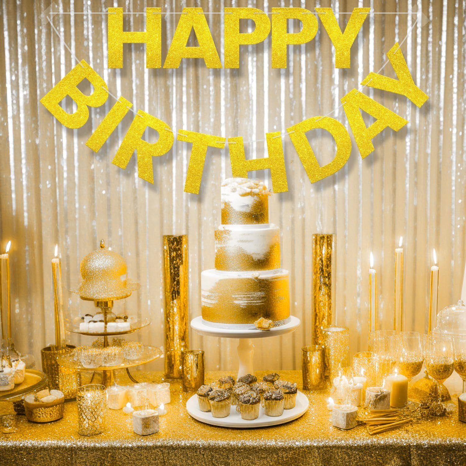 Happy Birthday Banner - 9 ft Pre-Strung Backdrop Sign for Women, Men, Girls, Boys - No DIY Gold Glitter Birthday Decorations & Party Supplies - Image 7