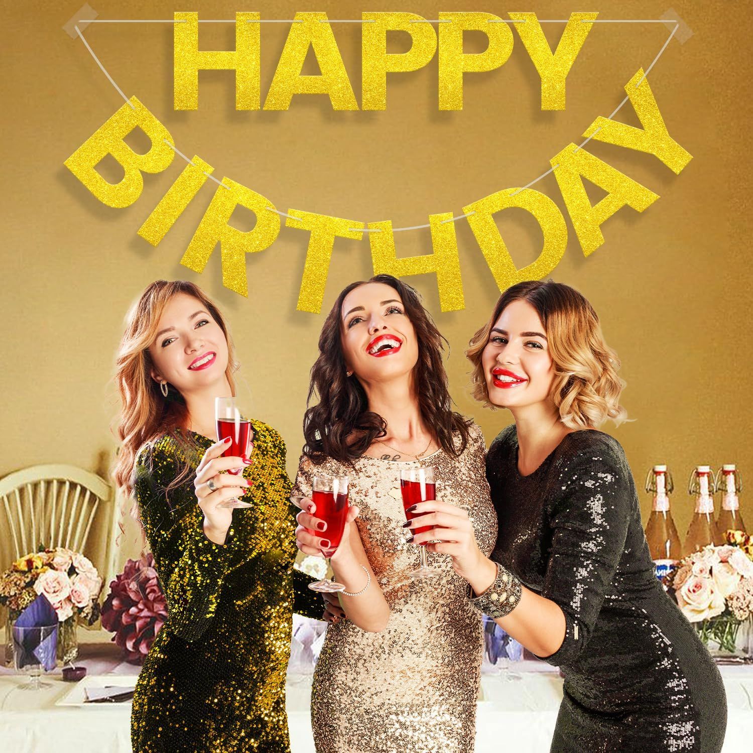 Happy Birthday Banner - 9 ft Pre-Strung Backdrop Sign for Women, Men, Girls, Boys - No DIY Gold Glitter Birthday Decorations & Party Supplies - Image 8