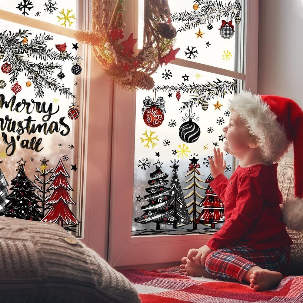 136 PCS Christmas Window Clings Stickers Winter Snowflakes Merry Christmas Tree Pine Branches Window Decals for Xmas Party Home Holiday Shop Glass Display Decoration - Image 7