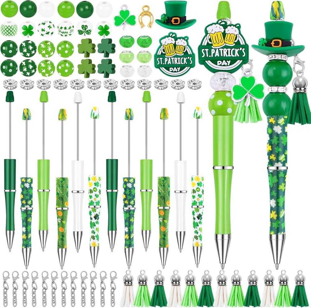 12 Set St Patricks Day Beadable Pens Plastic Bead Pens Clover Green Bulk Ballpoint DIY Crafting Pens Making Kit with Pendants Lobster Clasps for Students Teens School Office Supplies - Image 1
