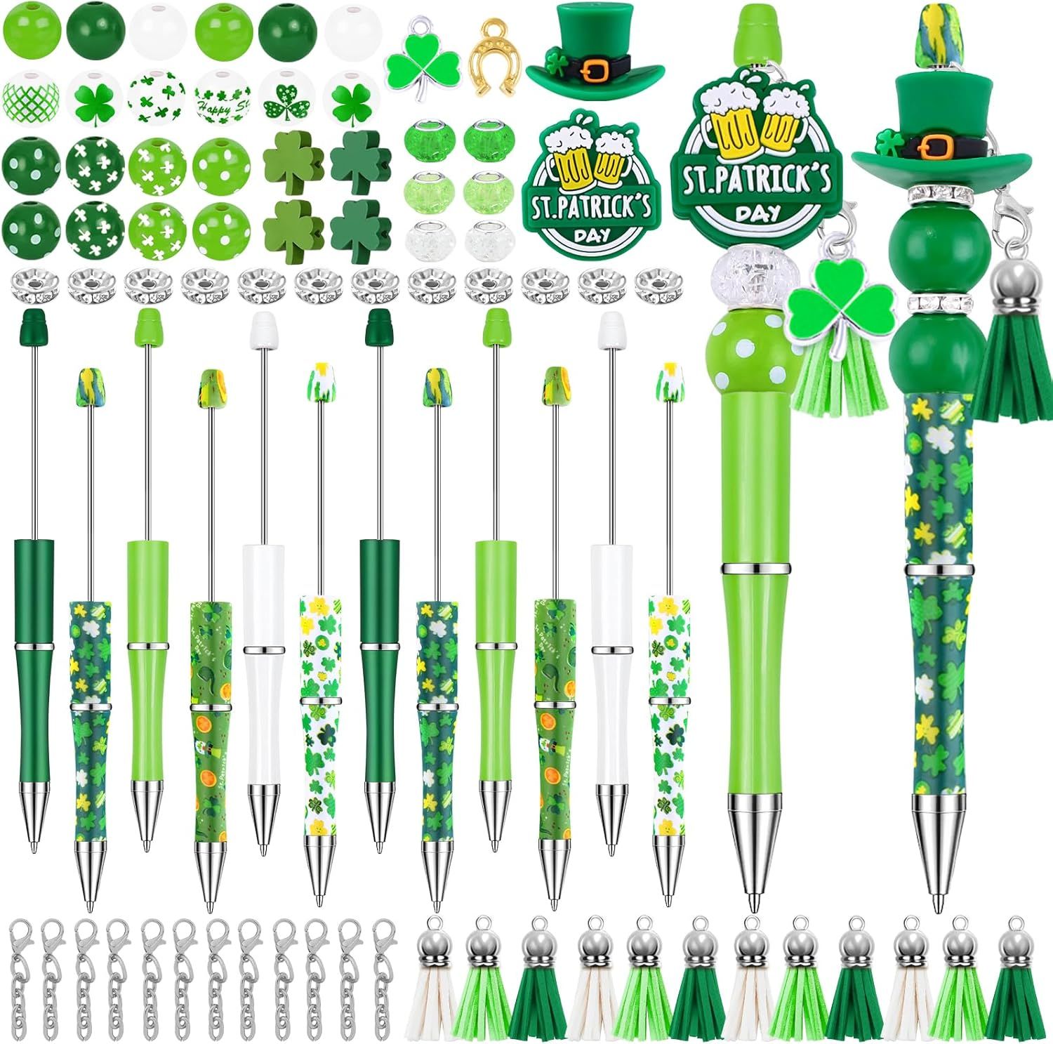 12 Set St Patricks Day Beadable Pens Plastic Bead Pens Clover Green Bulk Ballpoint DIY Crafting Pens Making Kit with Pendants Lobster Clasps for Students Teens School Office Supplies - Image 2