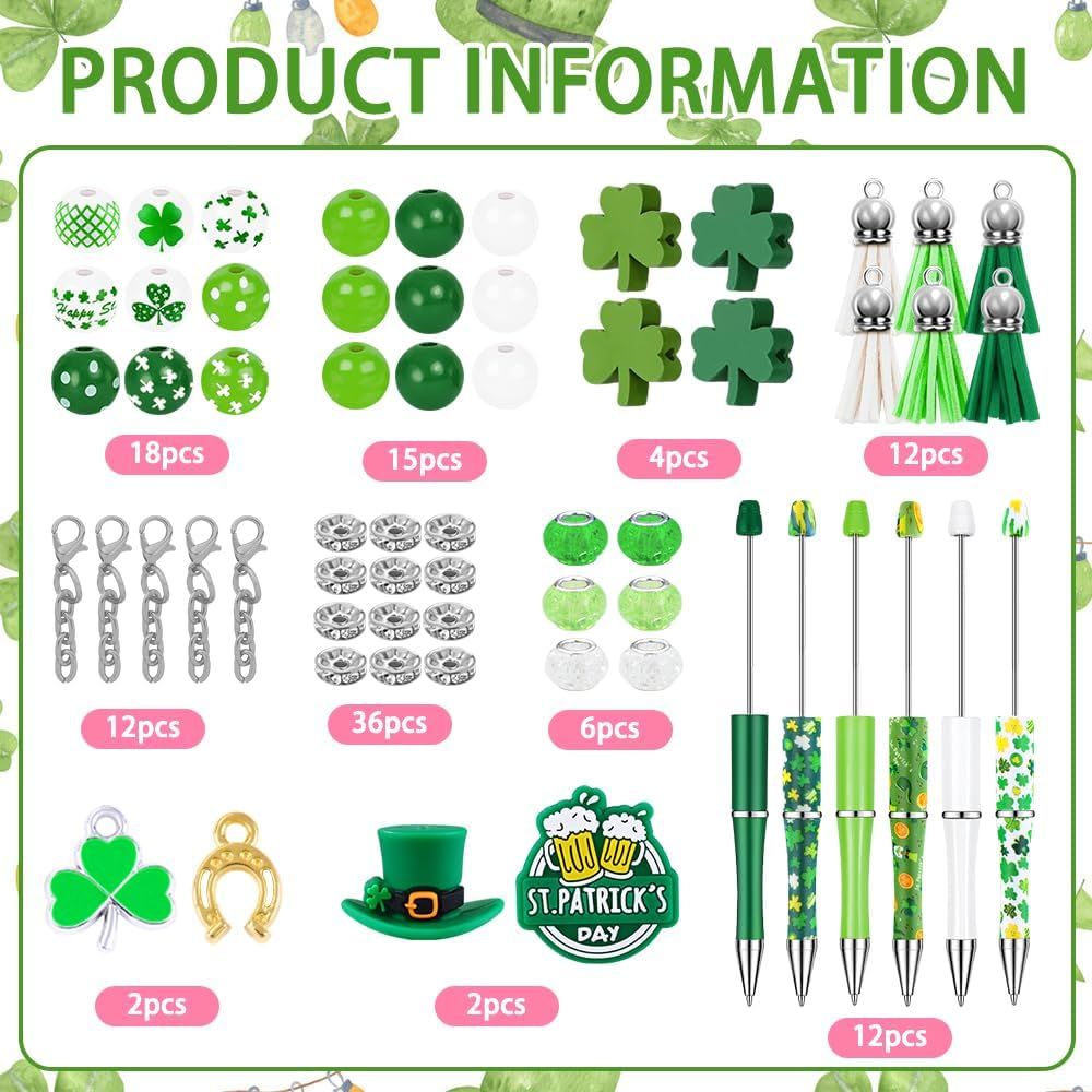 12 Set St Patricks Day Beadable Pens Plastic Bead Pens Clover Green Bulk Ballpoint DIY Crafting Pens Making Kit with Pendants Lobster Clasps for Students Teens School Office Supplies - Image 3