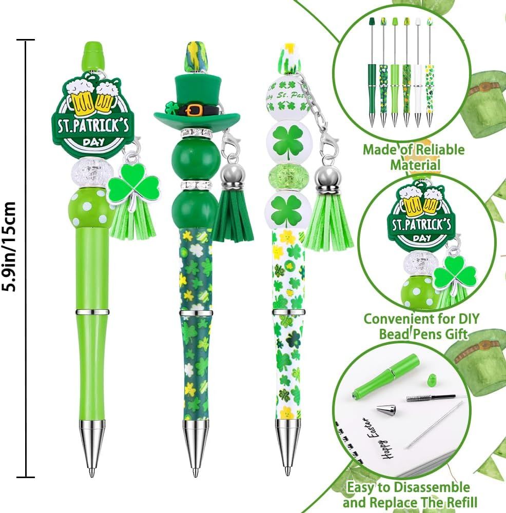 12 Set St Patricks Day Beadable Pens Plastic Bead Pens Clover Green Bulk Ballpoint DIY Crafting Pens Making Kit with Pendants Lobster Clasps for Students Teens School Office Supplies - Image 4