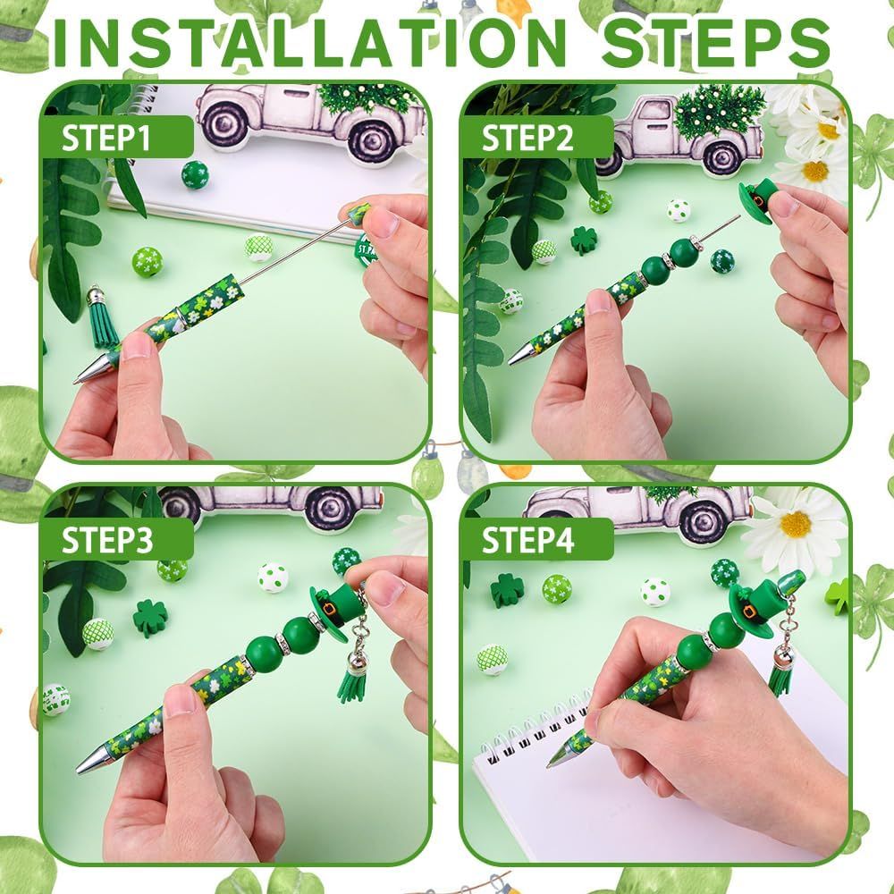 12 Set St Patricks Day Beadable Pens Plastic Bead Pens Clover Green Bulk Ballpoint DIY Crafting Pens Making Kit with Pendants Lobster Clasps for Students Teens School Office Supplies - Image 5