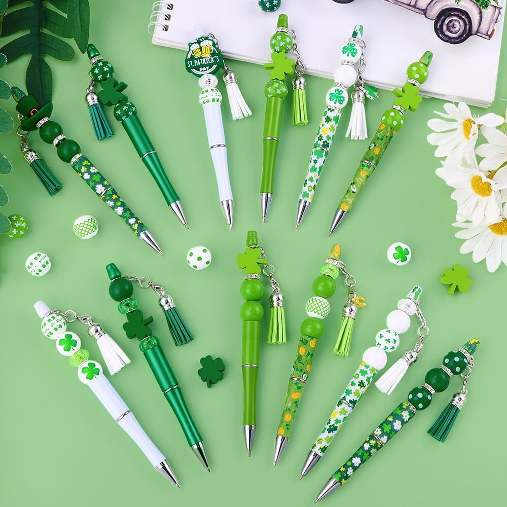 12 Set St Patricks Day Beadable Pens Plastic Bead Pens Clover Green Bulk Ballpoint DIY Crafting Pens Making Kit with Pendants Lobster Clasps for Students Teens School Office Supplies - Image 6