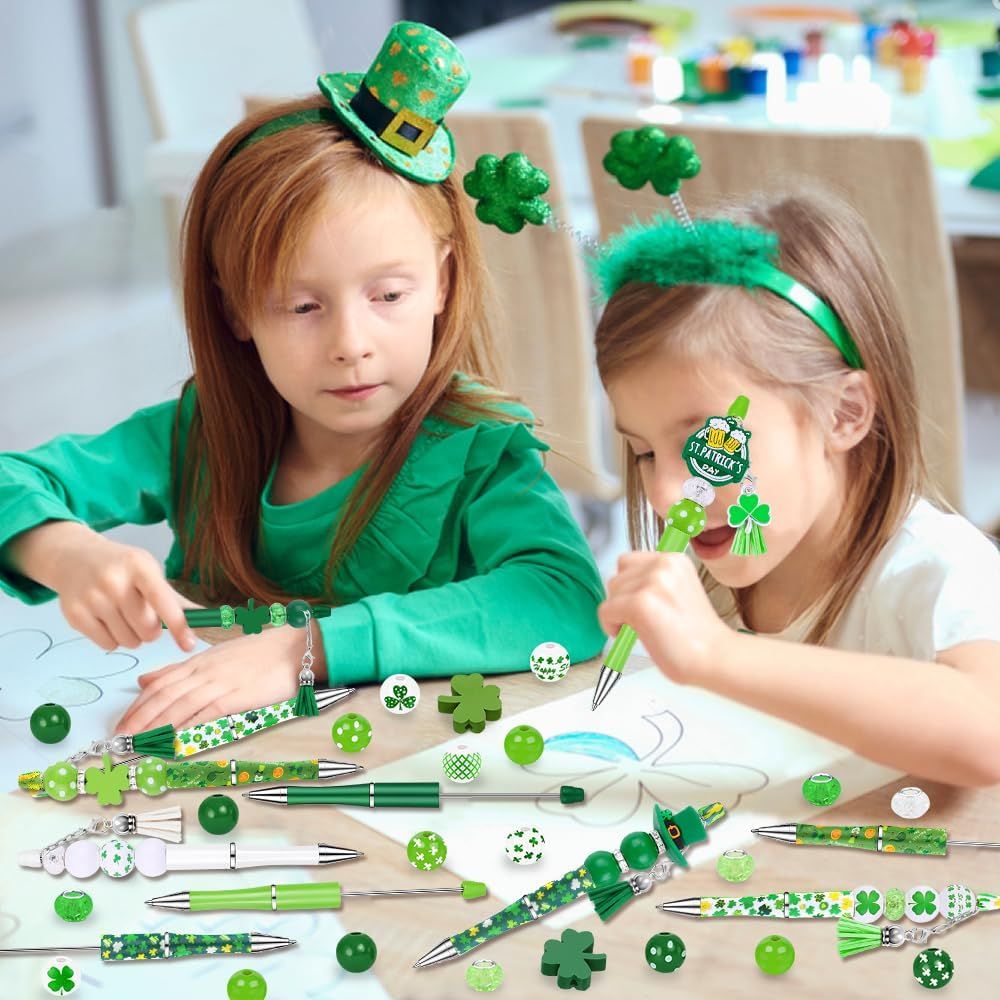 12 Set St Patricks Day Beadable Pens Plastic Bead Pens Clover Green Bulk Ballpoint DIY Crafting Pens Making Kit with Pendants Lobster Clasps for Students Teens School Office Supplies - Image 7