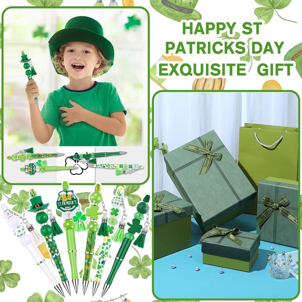 12 Set St Patricks Day Beadable Pens Plastic Bead Pens Clover Green Bulk Ballpoint DIY Crafting Pens Making Kit with Pendants Lobster Clasps for Students Teens School Office Supplies - Image 8