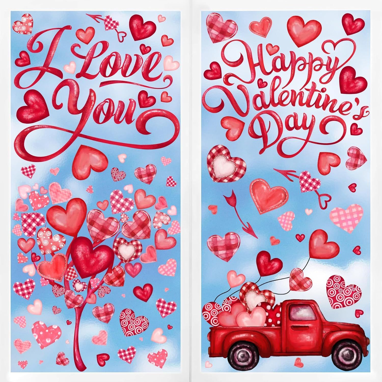 6 Valentine's Day Window Clings Valentine Window Decors Pink Hearts-Shape Tree Truck Happy Valentine’s Day Glass Stickers Decal Double Sided for Home Kitchen Decorations Party Supplies - Image 1