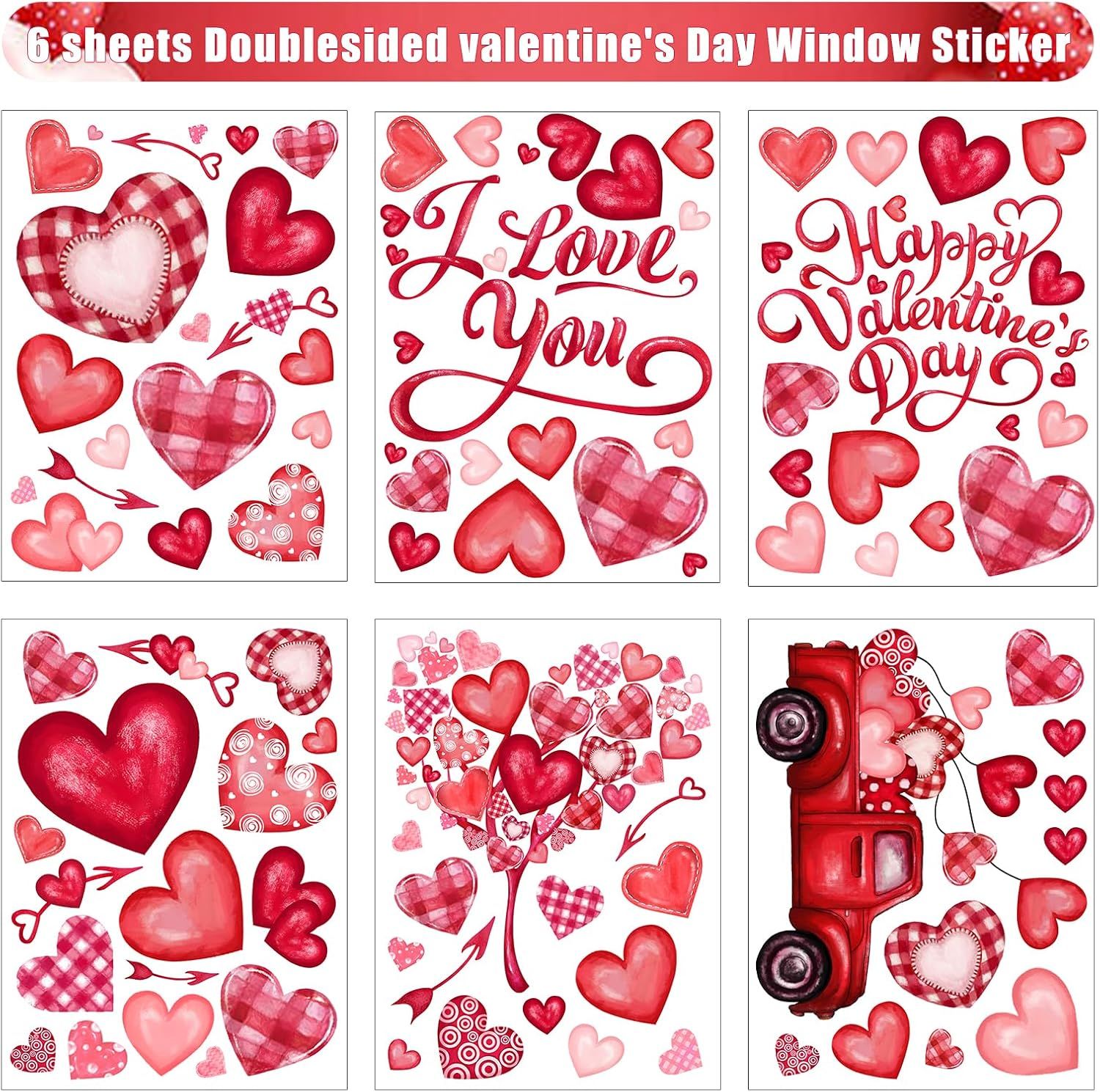 6 Valentine's Day Window Clings Valentine Window Decors Pink Hearts-Shape Tree Truck Happy Valentine’s Day Glass Stickers Decal Double Sided for Home Kitchen Decorations Party Supplies - Image 4