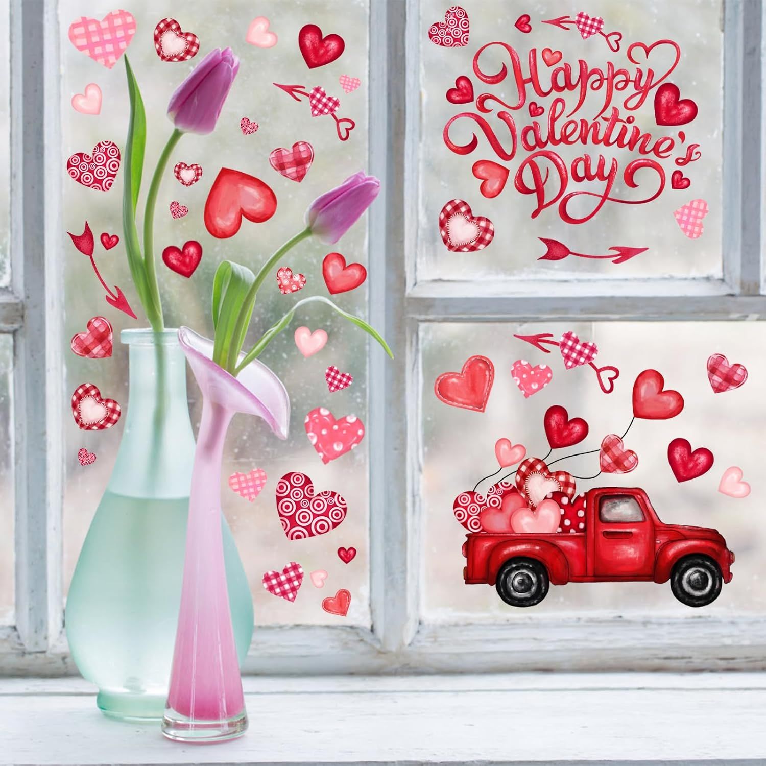 6 Valentine's Day Window Clings Valentine Window Decors Pink Hearts-Shape Tree Truck Happy Valentine’s Day Glass Stickers Decal Double Sided for Home Kitchen Decorations Party Supplies - Image 5