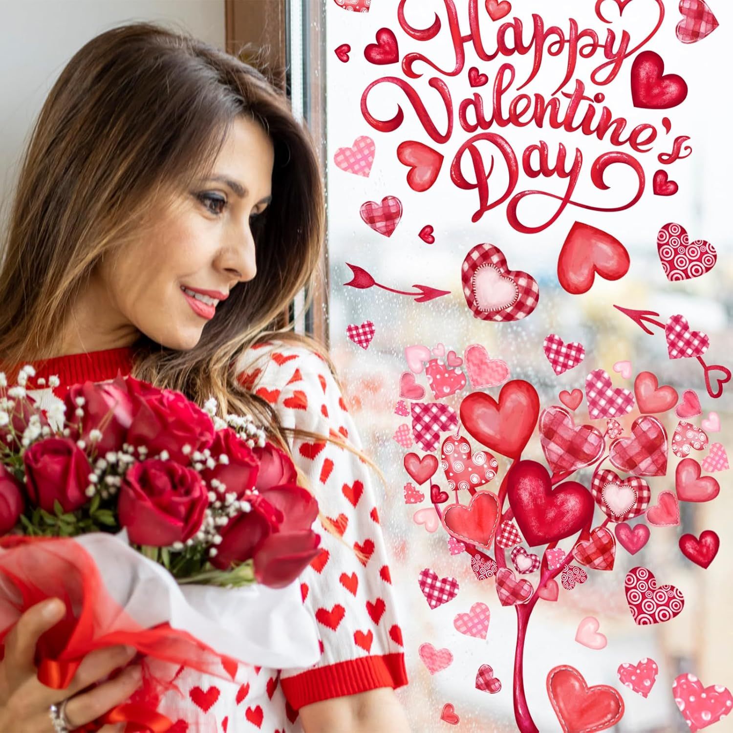 6 Valentine's Day Window Clings Valentine Window Decors Pink Hearts-Shape Tree Truck Happy Valentine’s Day Glass Stickers Decal Double Sided for Home Kitchen Decorations Party Supplies - Image 6
