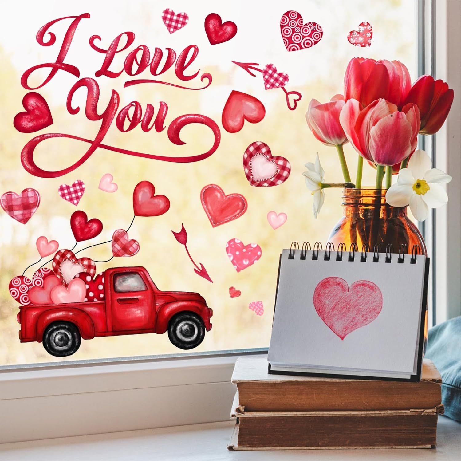 6 Valentine's Day Window Clings Valentine Window Decors Pink Hearts-Shape Tree Truck Happy Valentine’s Day Glass Stickers Decal Double Sided for Home Kitchen Decorations Party Supplies - Image 8