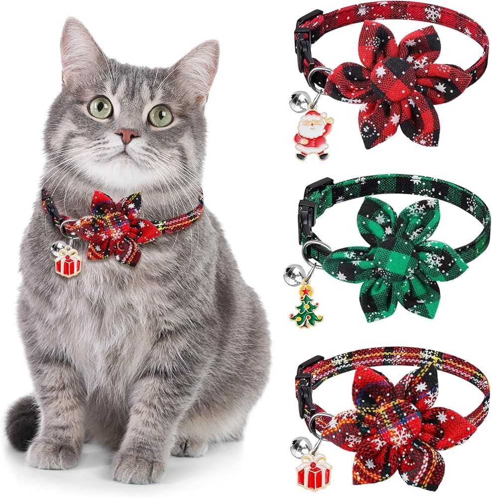 3 Pack Cat Collars, Christmas Flower Kitten Collars with Adjustable Breakaway Bow Tie Bell Plaid Snowflake Xmas Pet Supplies for Cats - Image 1