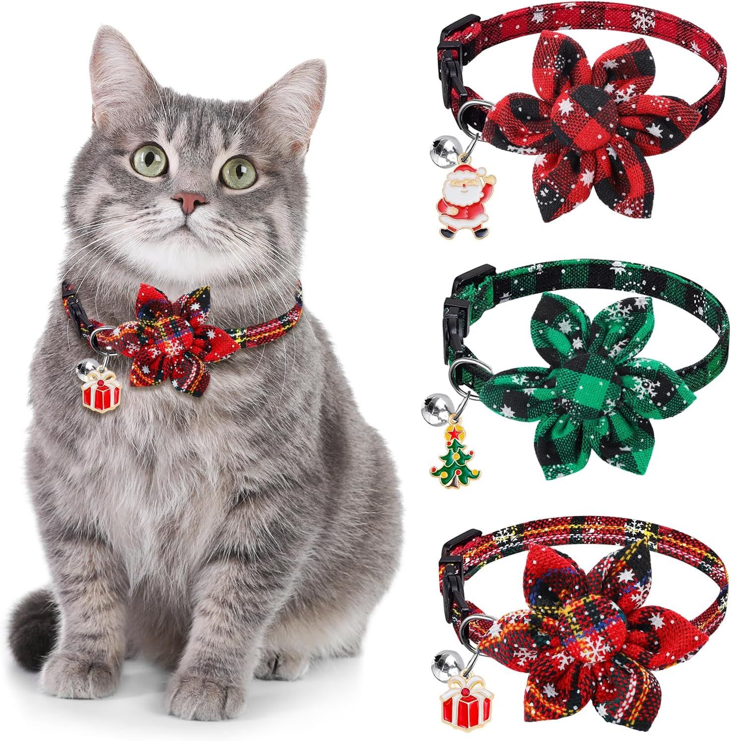 3 Pack Cat Collars, Christmas Flower Kitten Collars with Adjustable Breakaway Bow Tie Bell Plaid Snowflake Xmas Pet Supplies for Cats - Image 2