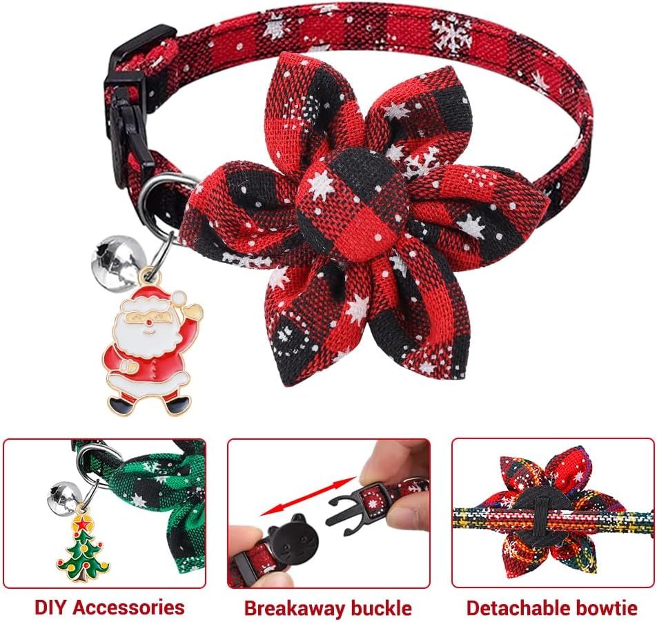 3 Pack Cat Collars, Christmas Flower Kitten Collars with Adjustable Breakaway Bow Tie Bell Plaid Snowflake Xmas Pet Supplies for Cats - Image 3