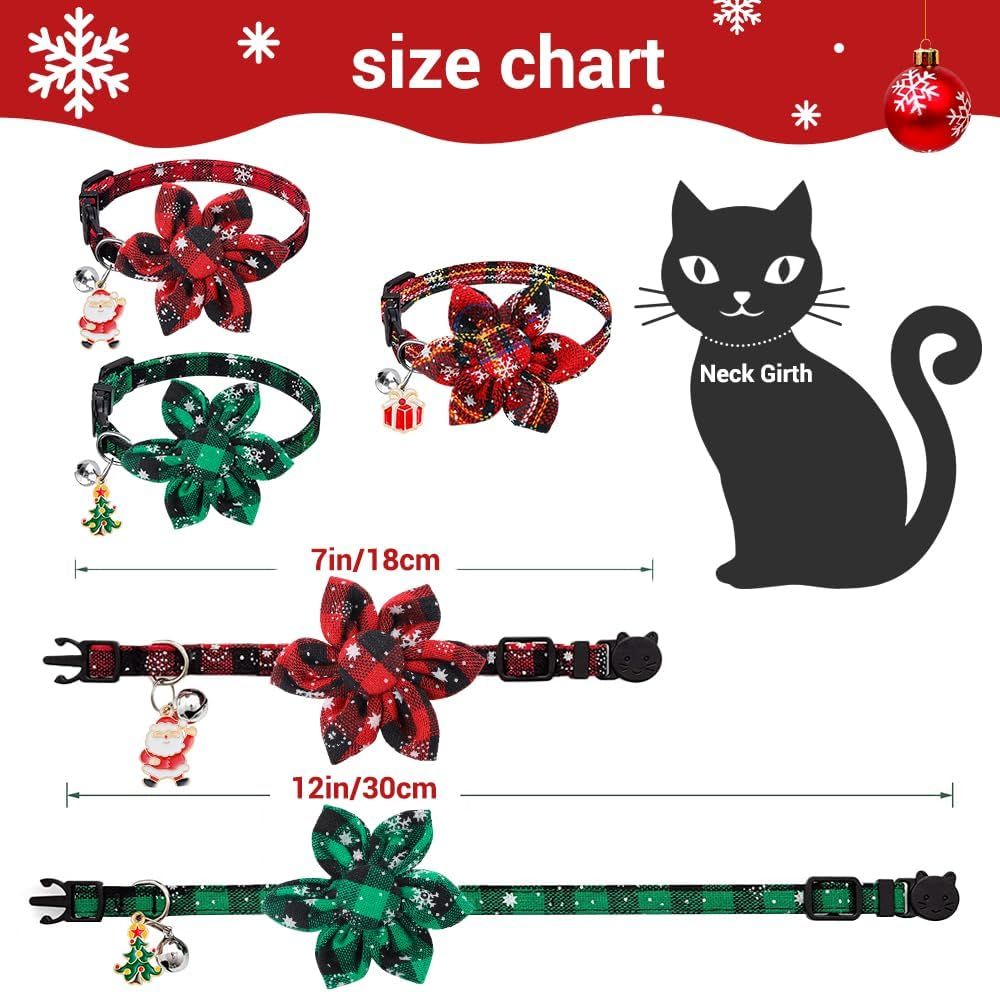3 Pack Cat Collars, Christmas Flower Kitten Collars with Adjustable Breakaway Bow Tie Bell Plaid Snowflake Xmas Pet Supplies for Cats - Image 4