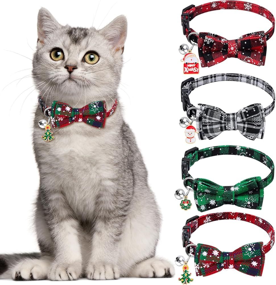 4 Pack Christmas Cat Collars with Adjustable Breakaway Bow Tie Bell Plaid Snowflake Xmas Pet Supplies for Cats - Image 1