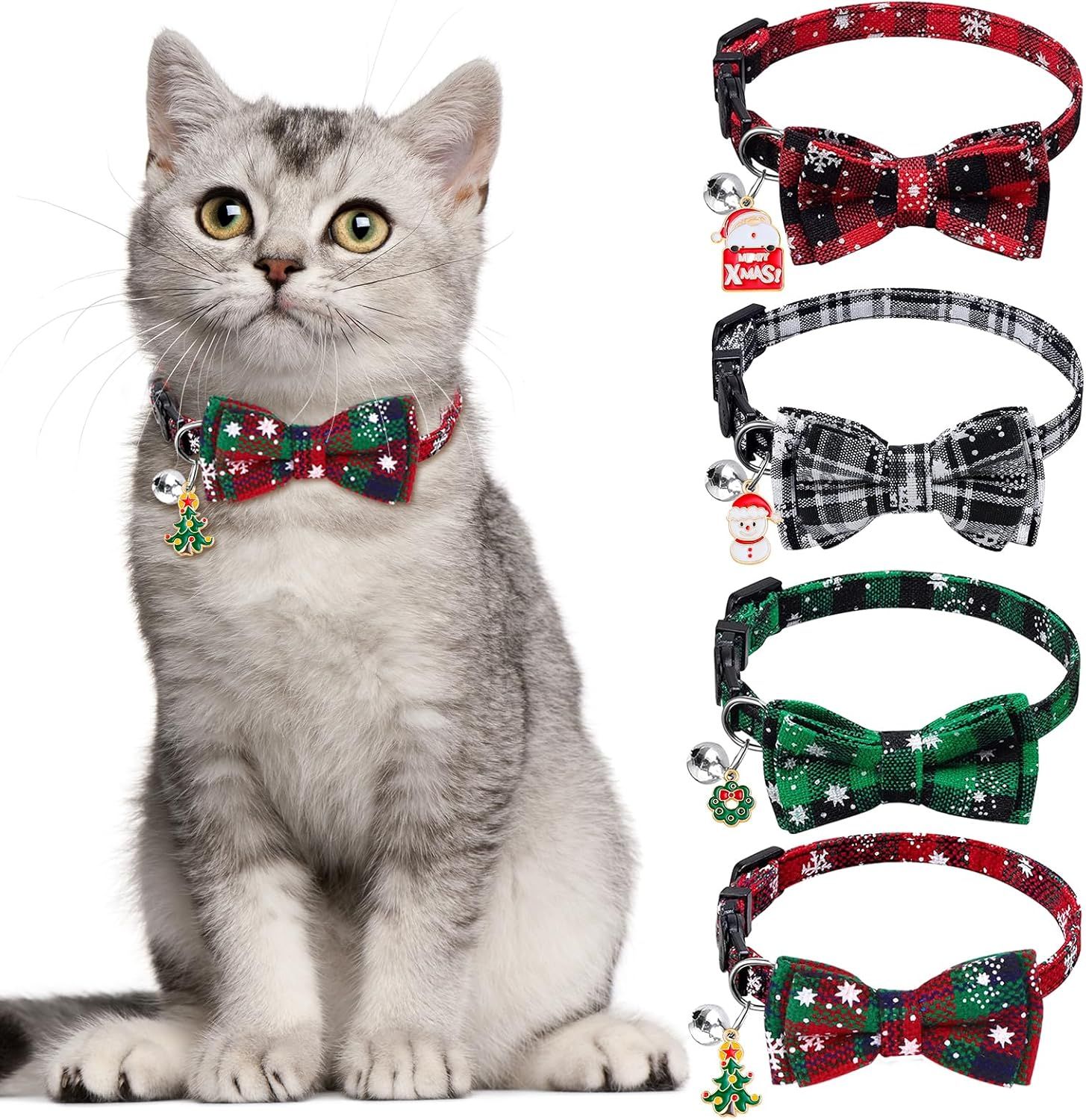 4 Pack Christmas Cat Collars with Adjustable Breakaway Bow Tie Bell Plaid Snowflake Xmas Pet Supplies for Cats - Image 2