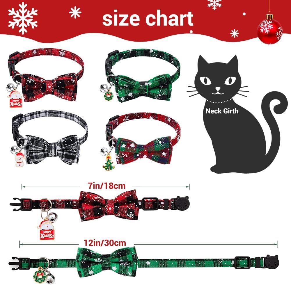 4 Pack Christmas Cat Collars with Adjustable Breakaway Bow Tie Bell Plaid Snowflake Xmas Pet Supplies for Cats - Image 4