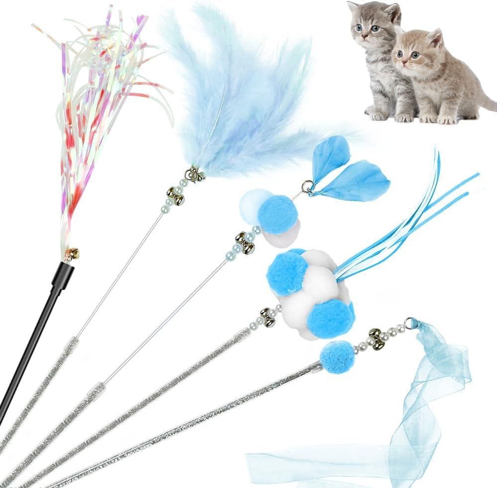 Cat Wand Toys, 5Pcs Interactive Kitten Feather Wand Toys for Bored Indoor Cats, Cat Teaser Wand with Bell and Crinkly Paper, Blue - Image 1