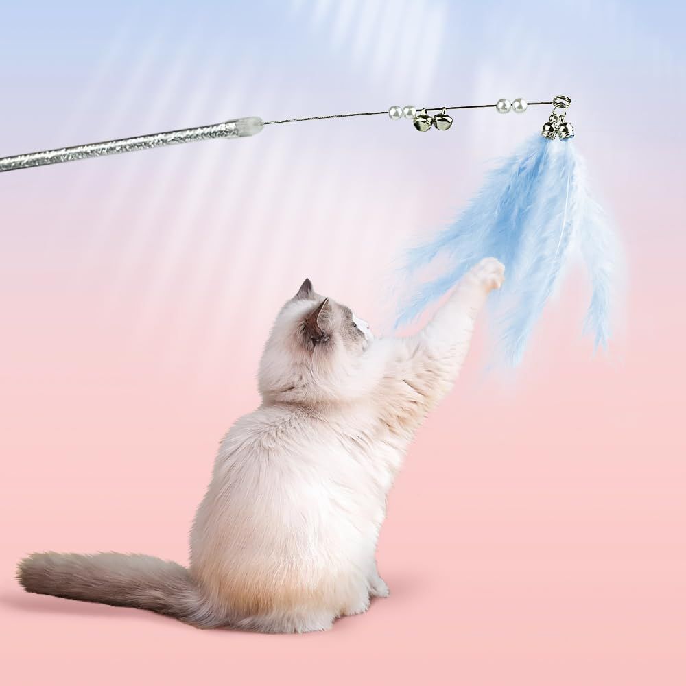 Cat Wand Toys, 5Pcs Interactive Kitten Feather Wand Toys for Bored Indoor Cats, Cat Teaser Wand with Bell and Crinkly Paper, Blue - Image 3