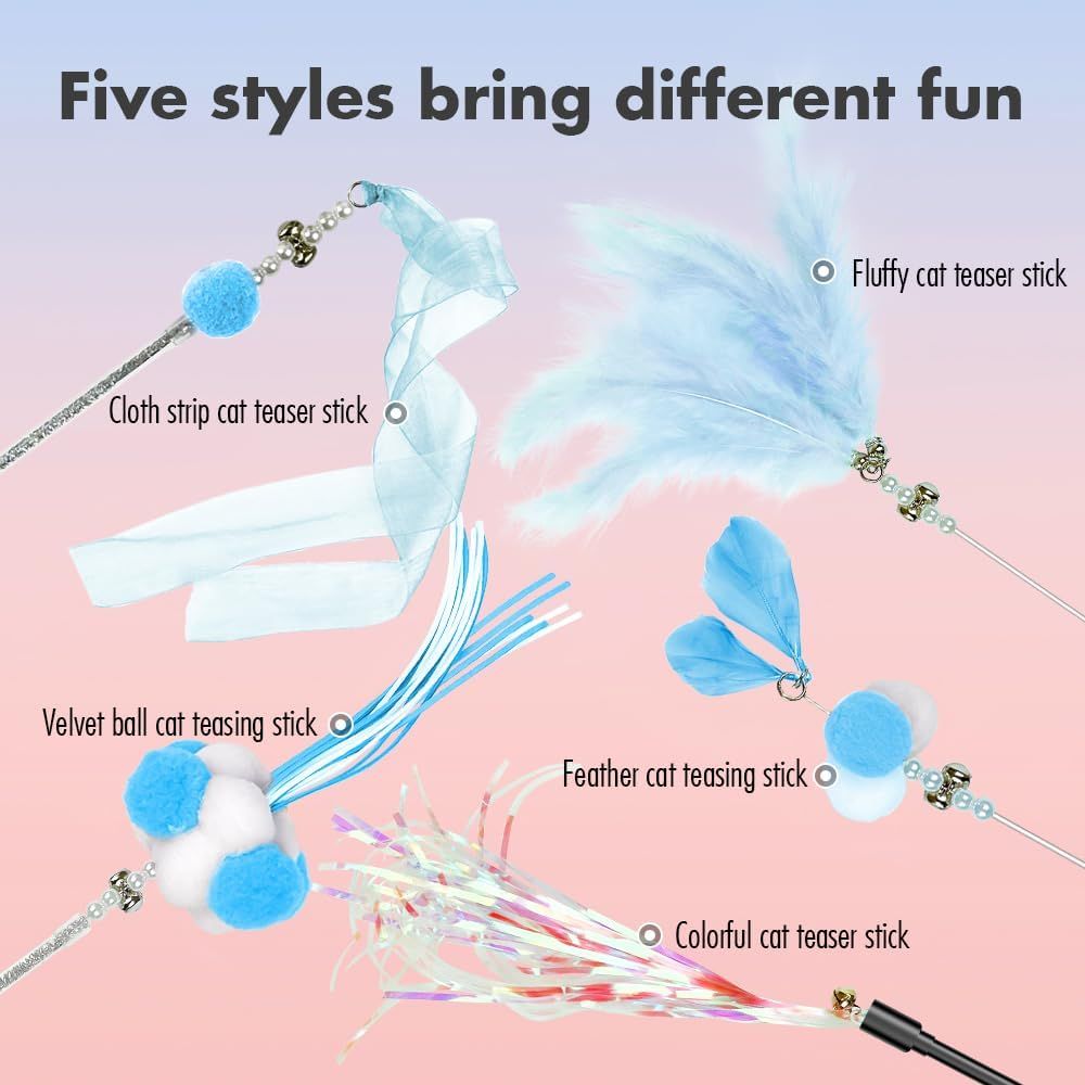 Cat Wand Toys, 5Pcs Interactive Kitten Feather Wand Toys for Bored Indoor Cats, Cat Teaser Wand with Bell and Crinkly Paper, Blue - Image 4