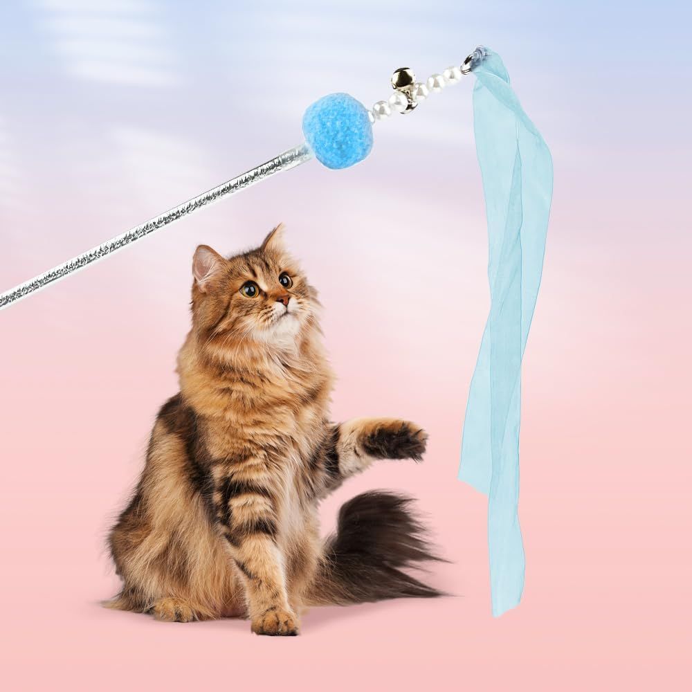 Cat Wand Toys, 5Pcs Interactive Kitten Feather Wand Toys for Bored Indoor Cats, Cat Teaser Wand with Bell and Crinkly Paper, Blue - Image 5