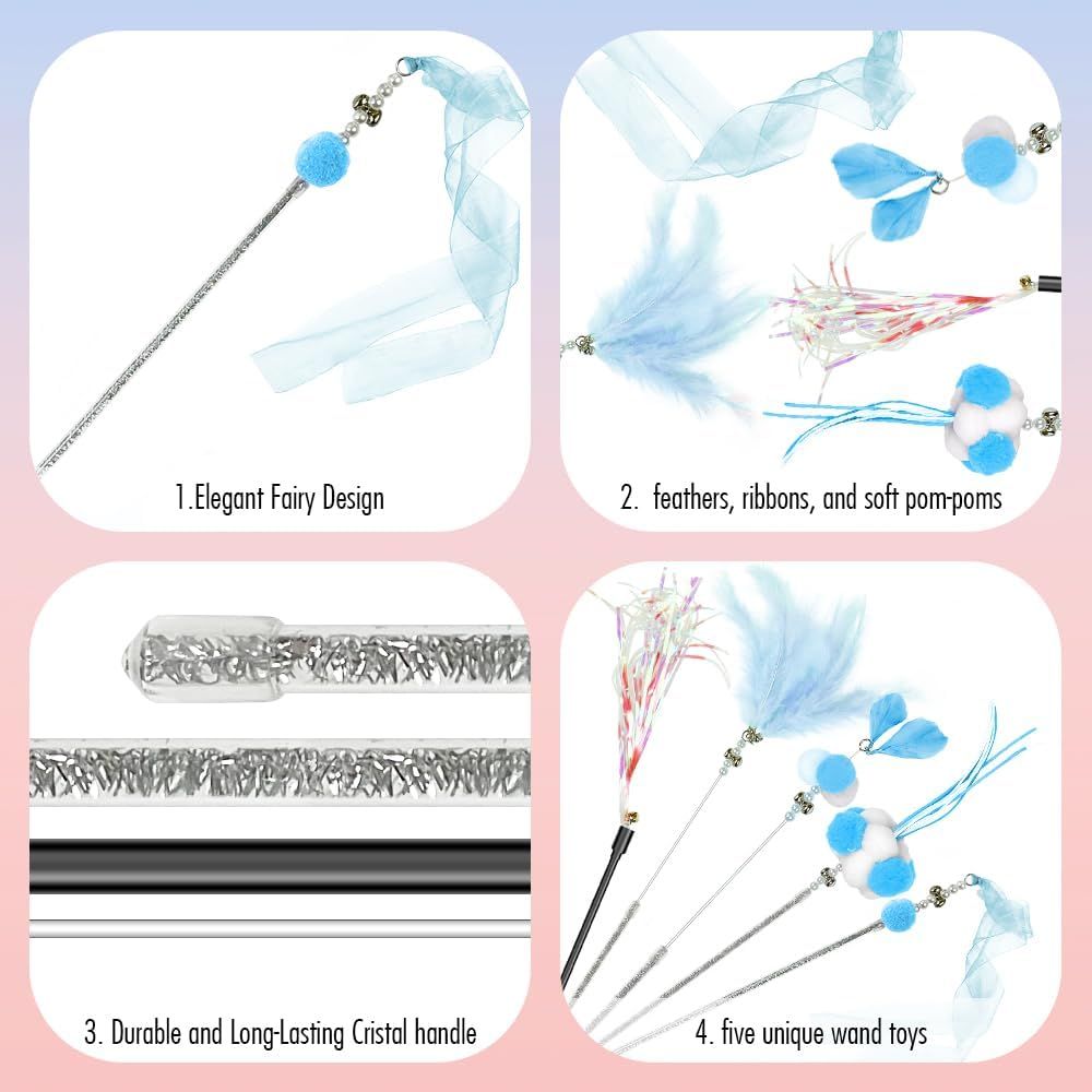 Cat Wand Toys, 5Pcs Interactive Kitten Feather Wand Toys for Bored Indoor Cats, Cat Teaser Wand with Bell and Crinkly Paper, Blue - Image 6