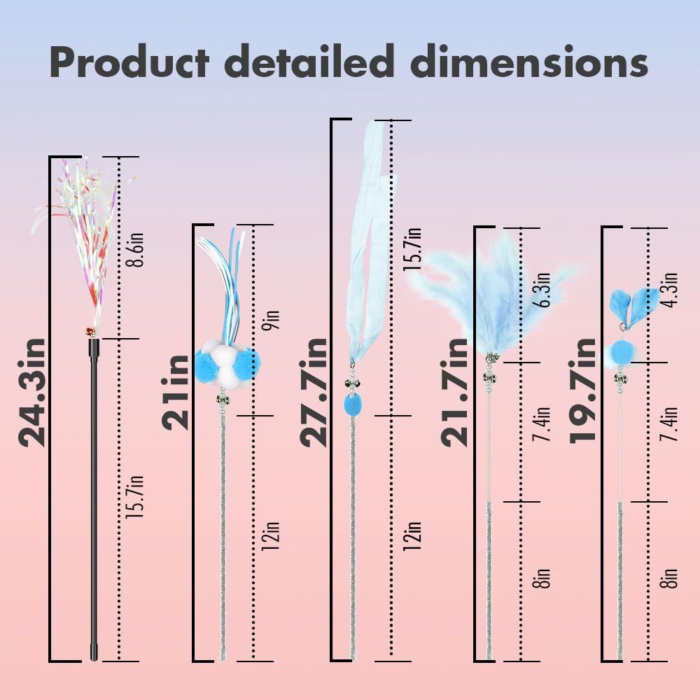 Cat Wand Toys, 5Pcs Interactive Kitten Feather Wand Toys for Bored Indoor Cats, Cat Teaser Wand with Bell and Crinkly Paper, Blue - Image 7