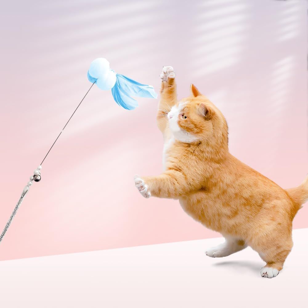 Cat Wand Toys, 5Pcs Interactive Kitten Feather Wand Toys for Bored Indoor Cats, Cat Teaser Wand with Bell and Crinkly Paper, Blue - Image 8