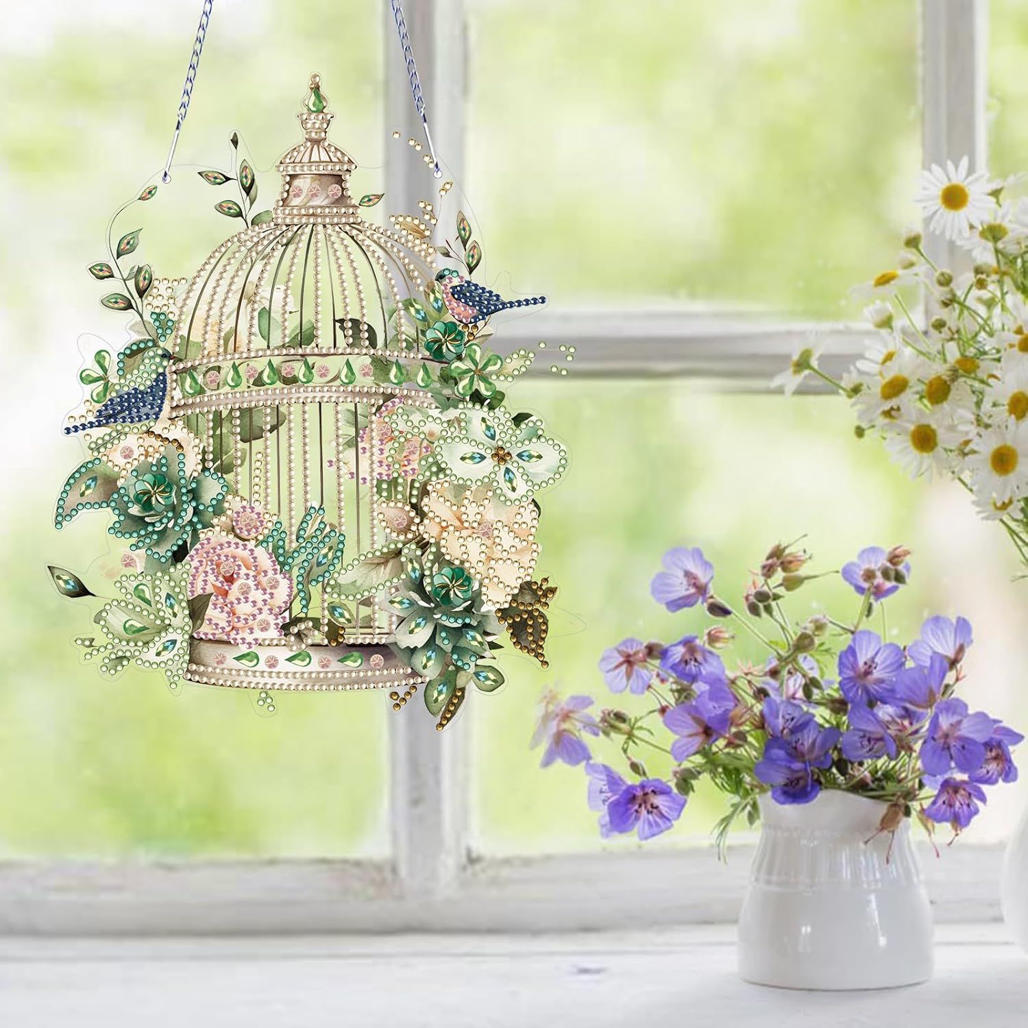 Diamond Art Painting Hanging Pendant Kit,DIY Flower Birdcage Crystal Art Hanging Sign,Diamond Window Hanging Wreath Ornament for Home Decor and Gift (366) - Image 3