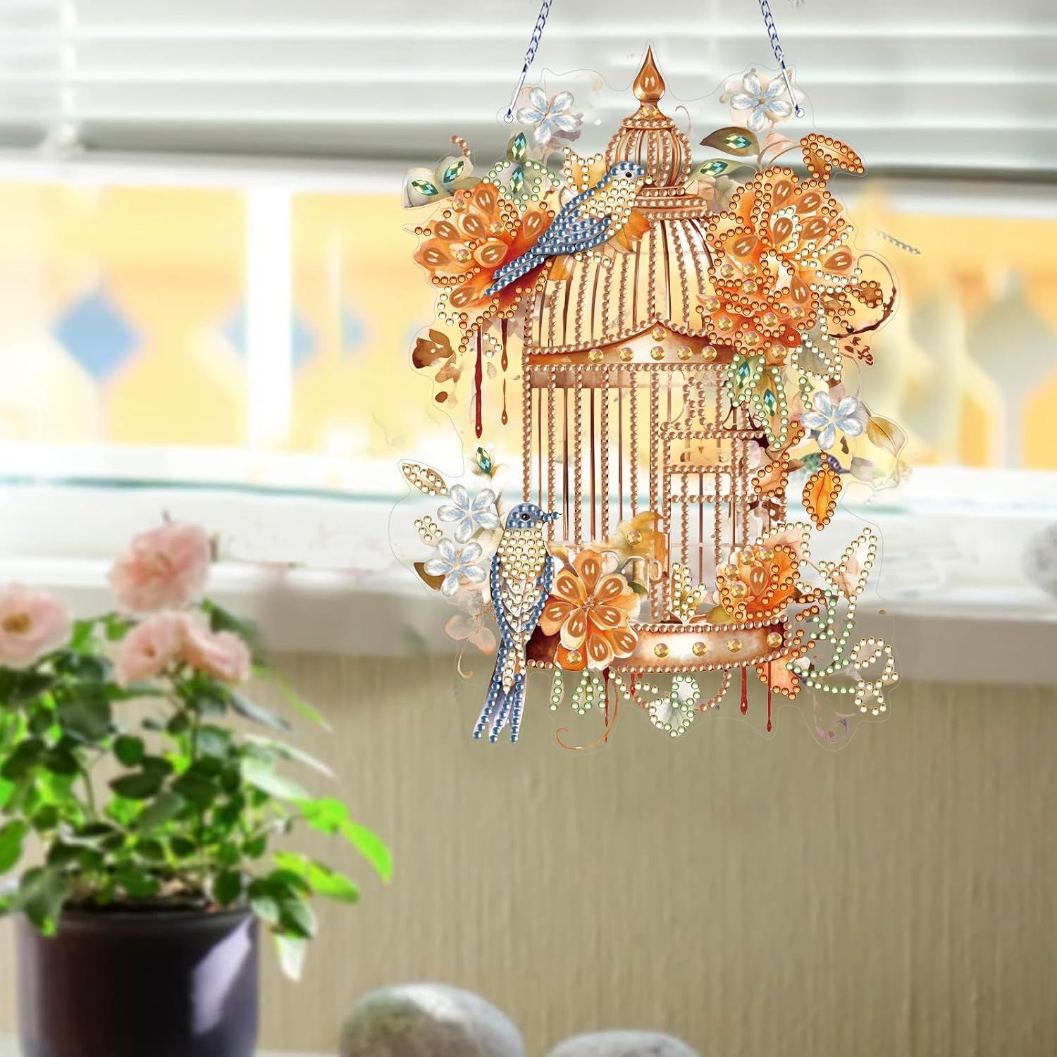 Diamond Art Painting Hanging Pendant Kit,DIY Flower Birdcage Crystal Art Hanging Sign,Diamond Window Hanging Wreath Ornament for Home Decor (365), MHL-35 - Image 3