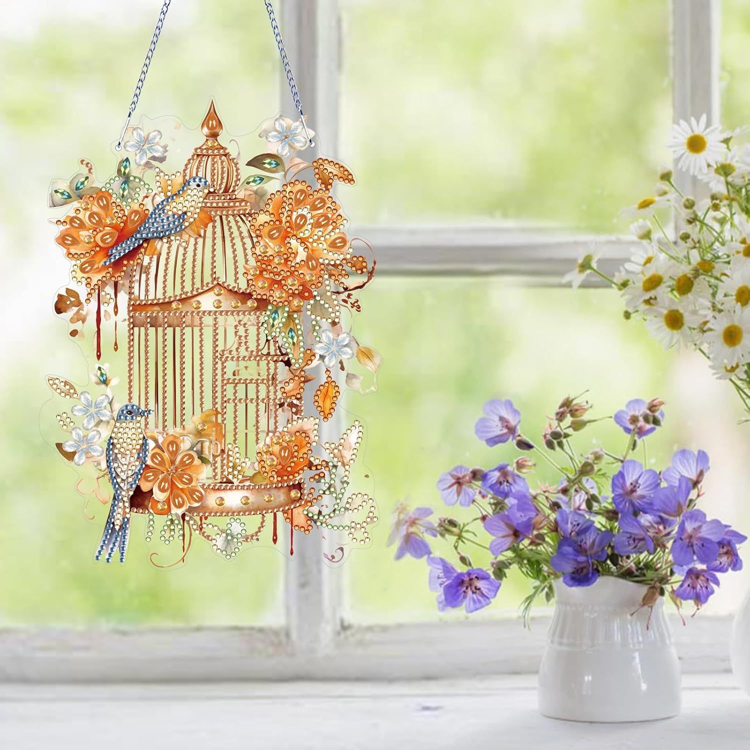 Diamond Art Painting Hanging Pendant Kit,DIY Flower Birdcage Crystal Art Hanging Sign,Diamond Window Hanging Wreath Ornament for Home Decor (365), MHL-35 - Image 5