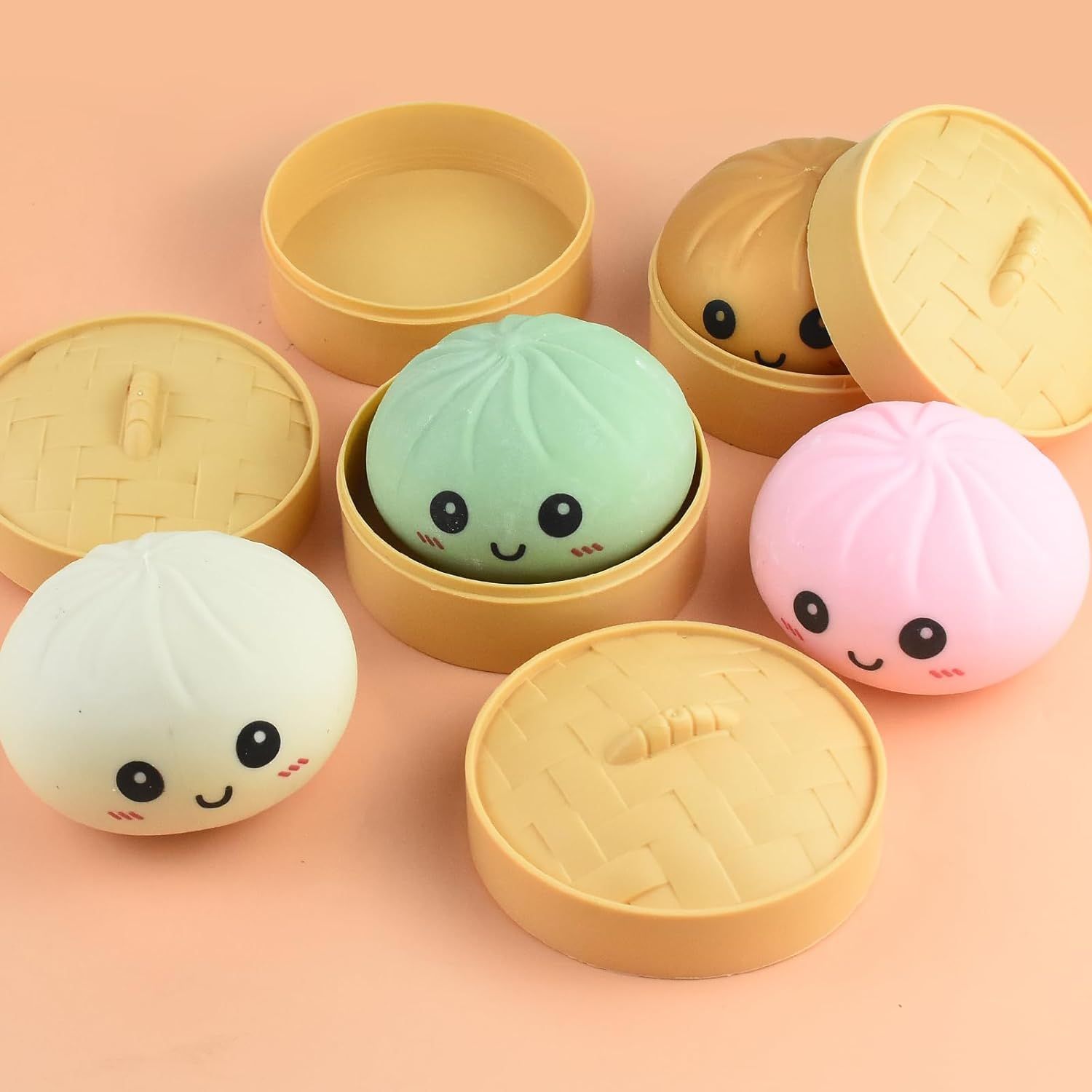 Giant Glitter Smiling face Colorful Dumpling Stress Balls Fidget Sensory Toy,Squeeze Dough Ball Stress Relief Hand Toy,Bun with Food Steamer Stretchy Desk Toys (Green) - Image 3