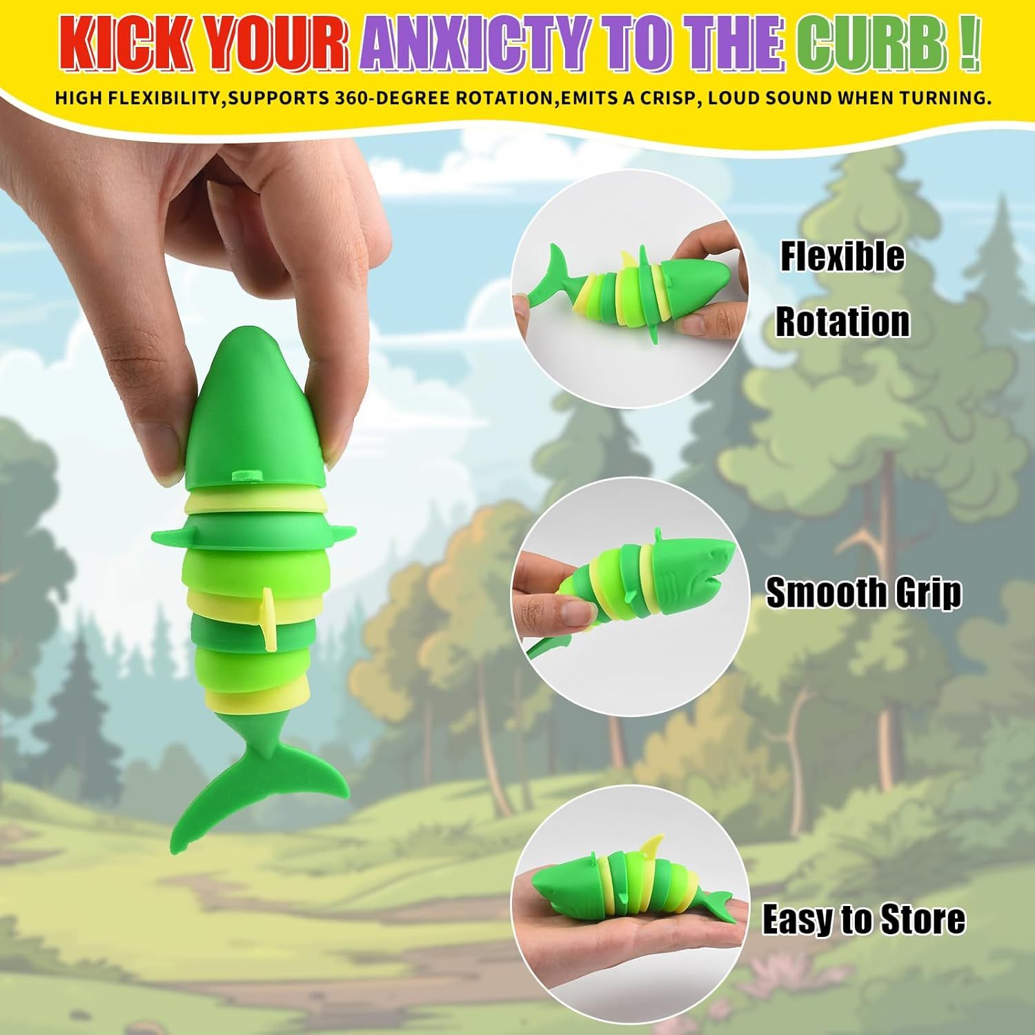 3 PCS Fidget Sharks Toys for Adults,3D Articulated Caterpillar Sensory Stress Relief Flexible Hand Toy, Ideal Party Favor Colorful Office Desk Toys - Image 3
