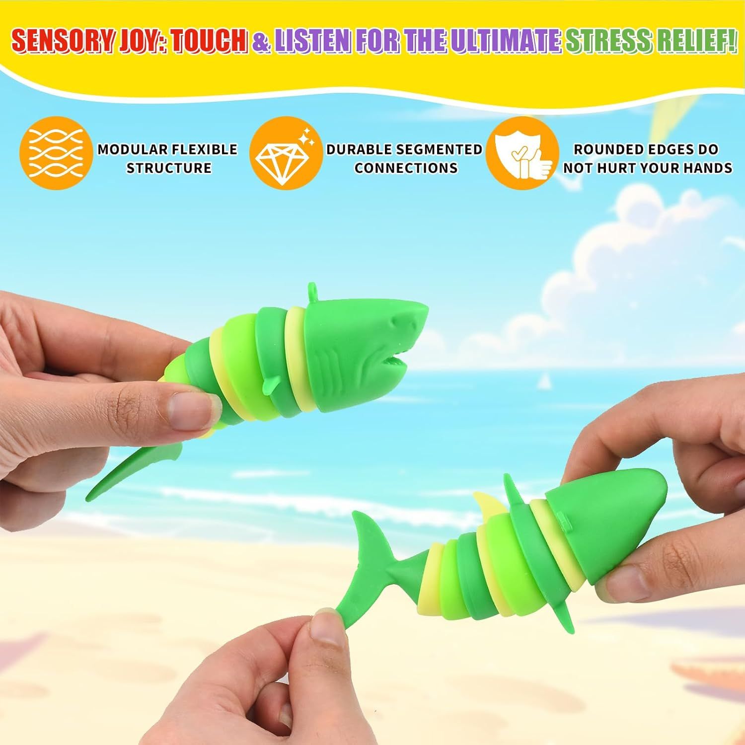 3 PCS Fidget Sharks Toys for Adults,3D Articulated Caterpillar Sensory Stress Relief Flexible Hand Toy, Ideal Party Favor Colorful Office Desk Toys - Image 5