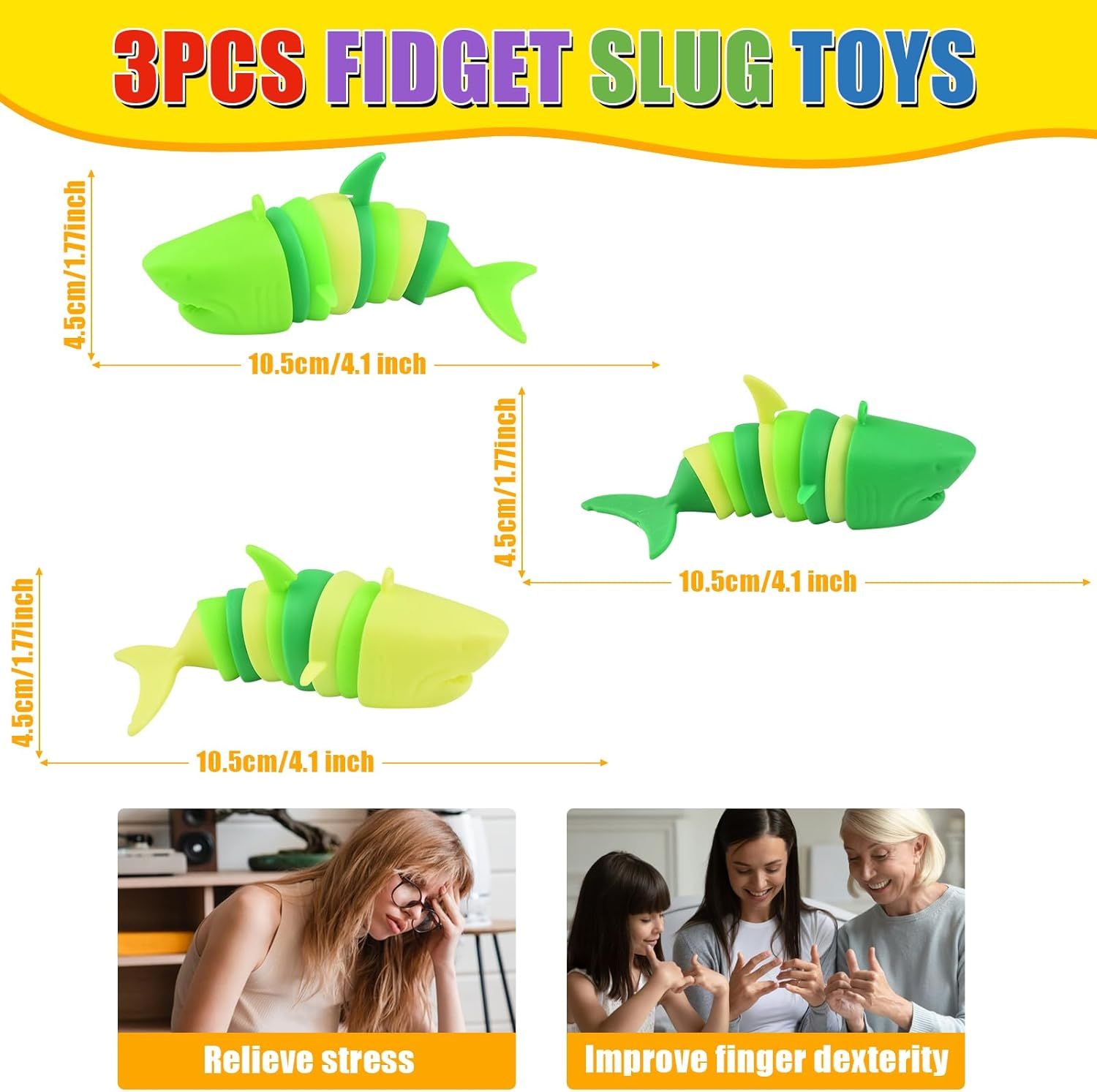 3 PCS Fidget Sharks Toys for Adults,3D Articulated Caterpillar Sensory Stress Relief Flexible Hand Toy, Ideal Party Favor Colorful Office Desk Toys - Image 6